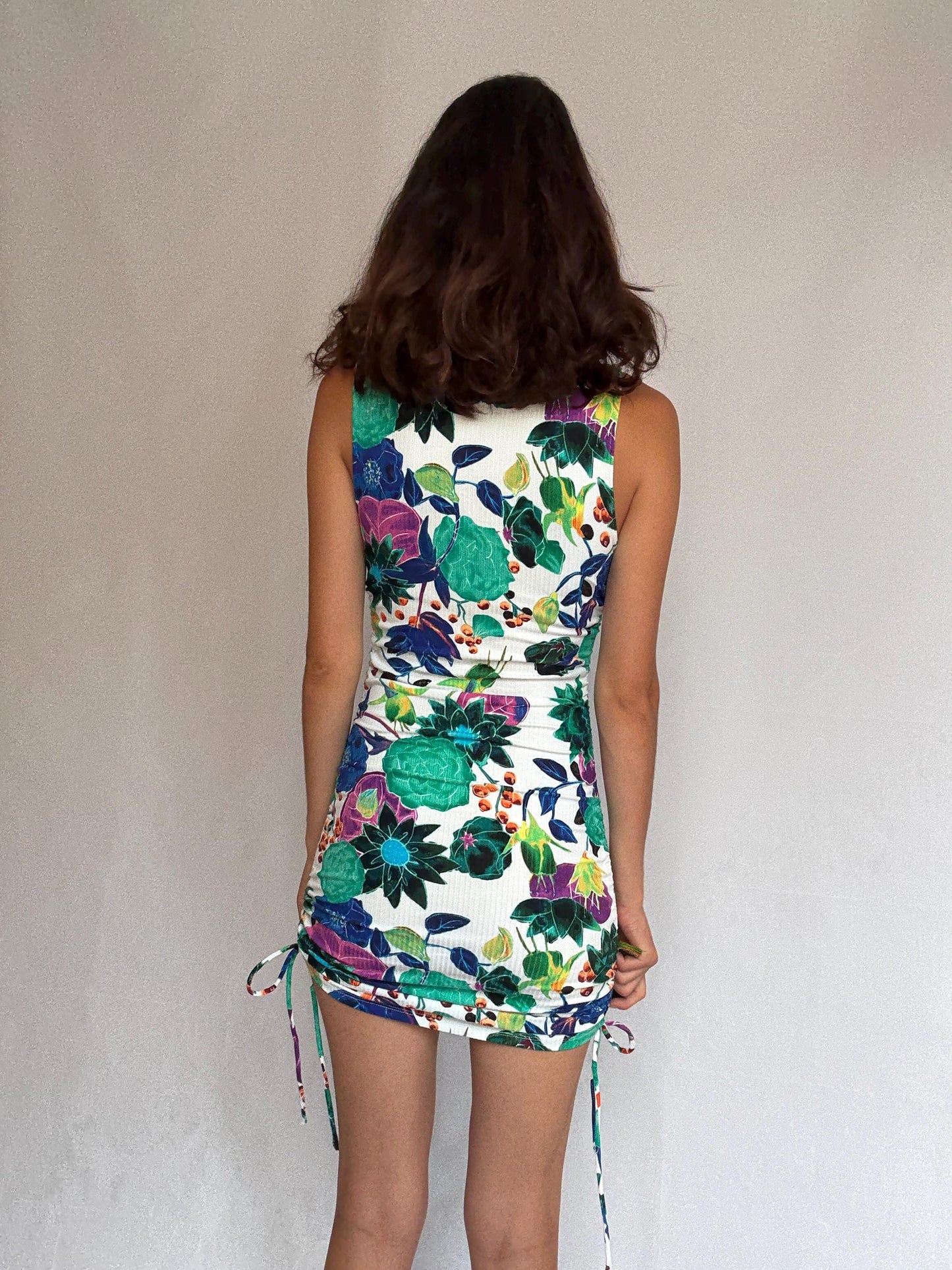 Desigual floral mini dress, feminine fitted silhouette, ribbed texture, adjustable drawstrings, retro 90s, US S, party streetwear
