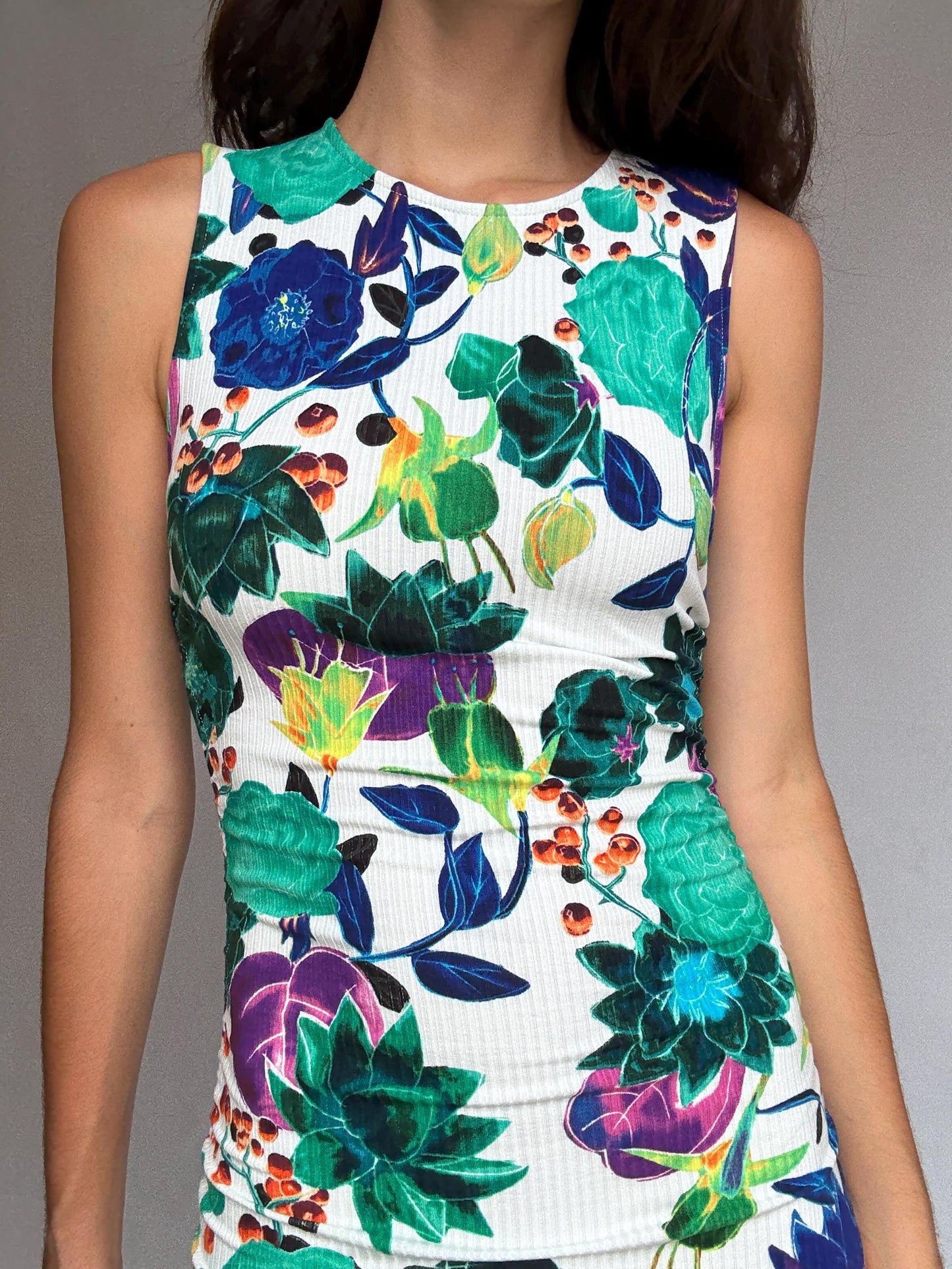 Desigual floral mini dress, feminine fitted silhouette, ribbed texture, adjustable drawstrings, retro 90s, US S, party streetwear