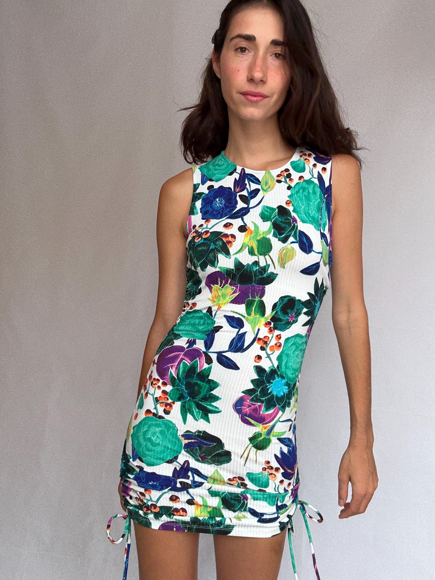 Desigual floral mini dress, feminine fitted silhouette, ribbed texture, adjustable drawstrings, retro 90s, US S, party streetwear