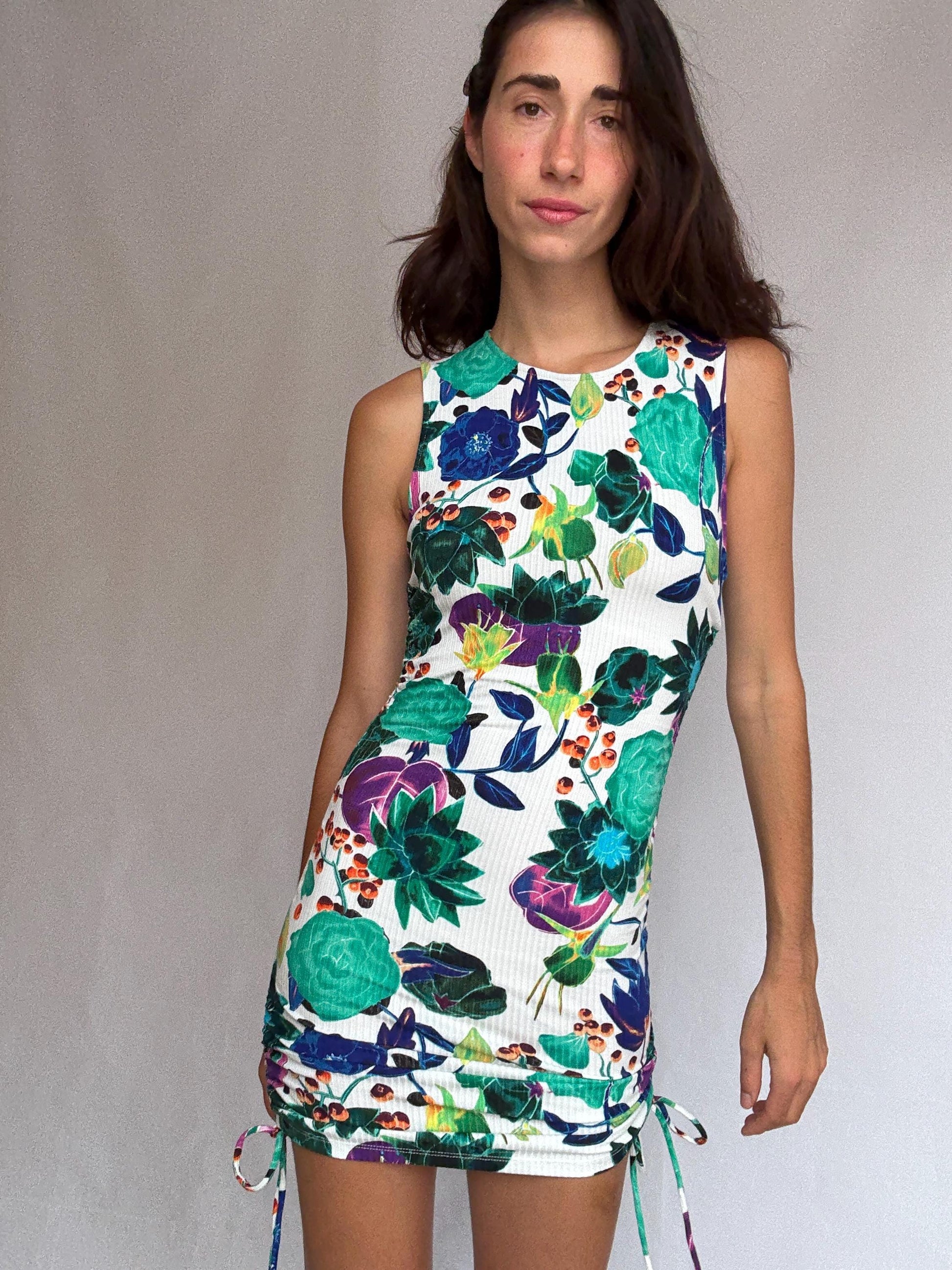 Desigual floral mini dress, feminine fitted silhouette, ribbed texture, adjustable drawstrings, retro 90s, US S, party streetwear