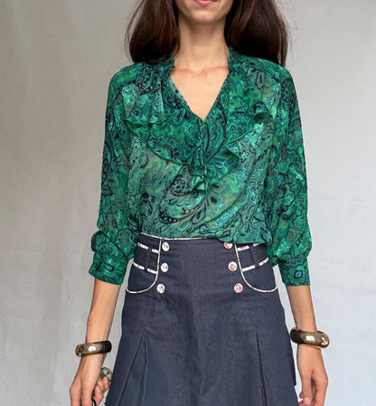 Vintage Green Paisley Chiffon Blouse — back view