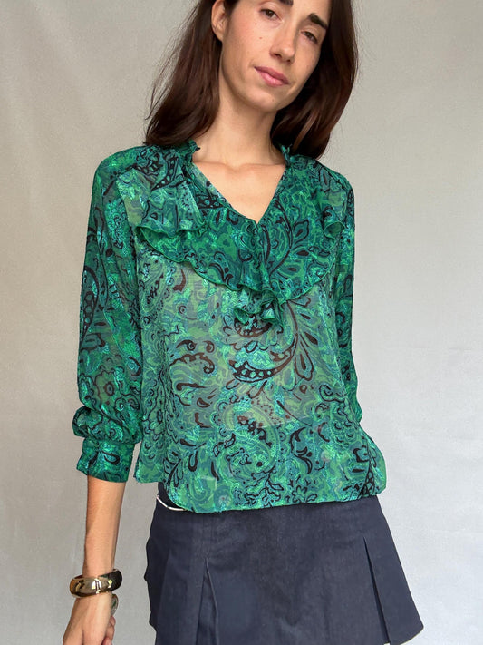 Vintage green paisley blouse, chiffon feel, flowy fit, ruffled neckline, retro_90s, US M, evening bohemian style, size L
