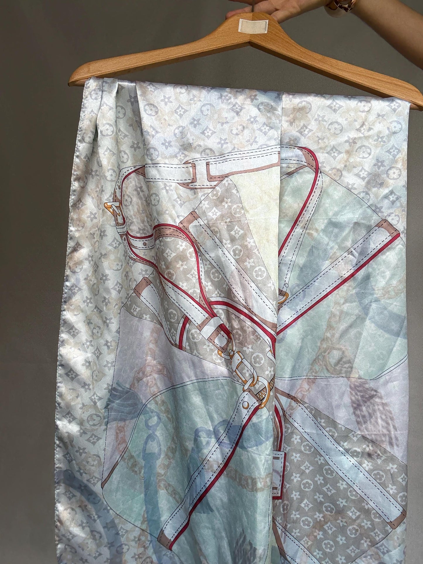 Vintage patterned scarf, wrap style, detailed belt and chain print, indie, sleaze, US L, versatile accessory