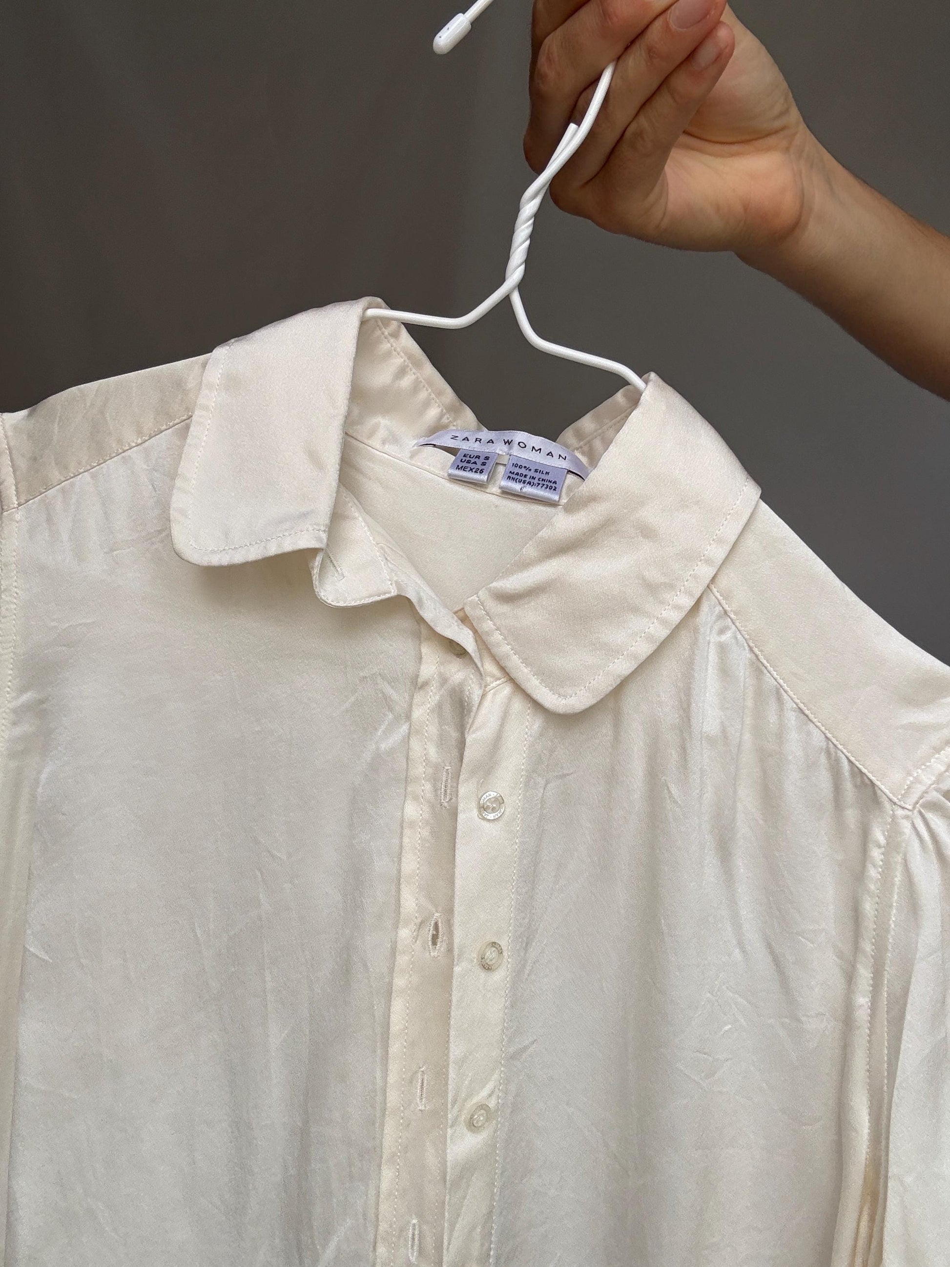 Silky ivory blouse, silk feel, button, down fit, puffed sleeves, minimalist Harry Styles influence, US S, office smart casual