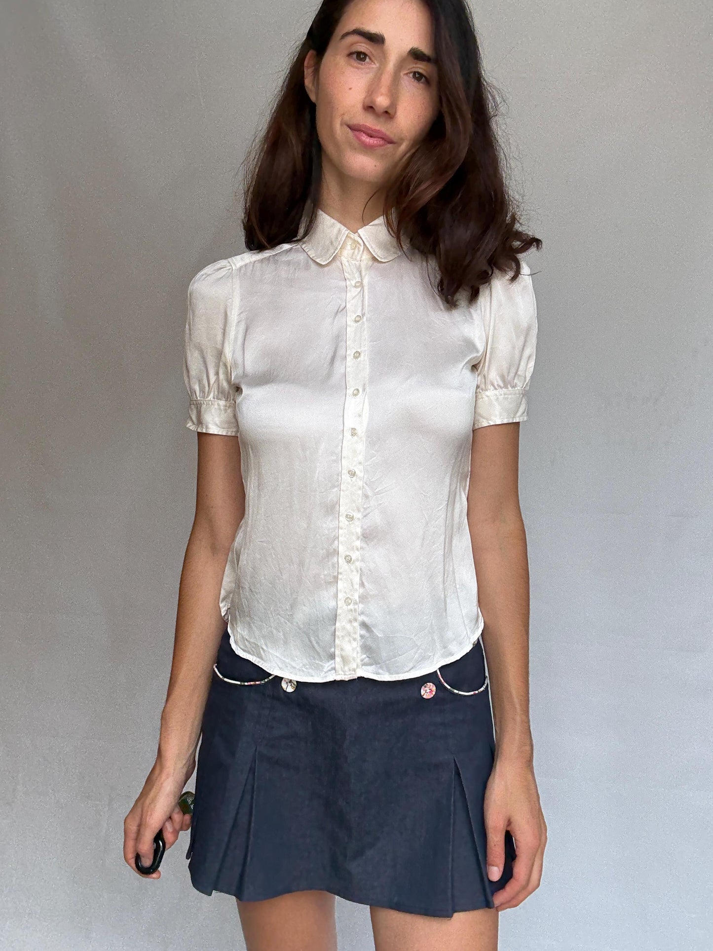 Silky ivory blouse, silk feel, button, down fit, puffed sleeves, minimalist Harry Styles influence, US S, office smart casual