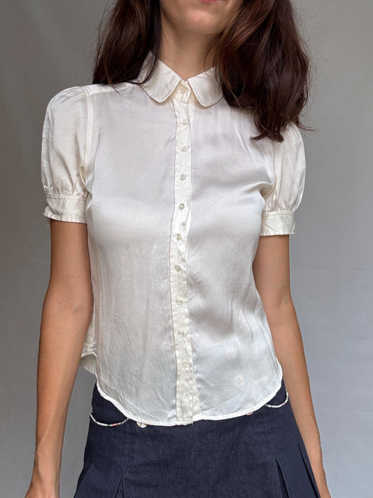 Silky ivory blouse, silk feel, button, down fit, puffed sleeves, minimalist Harry Styles influence, US S, office smart casual