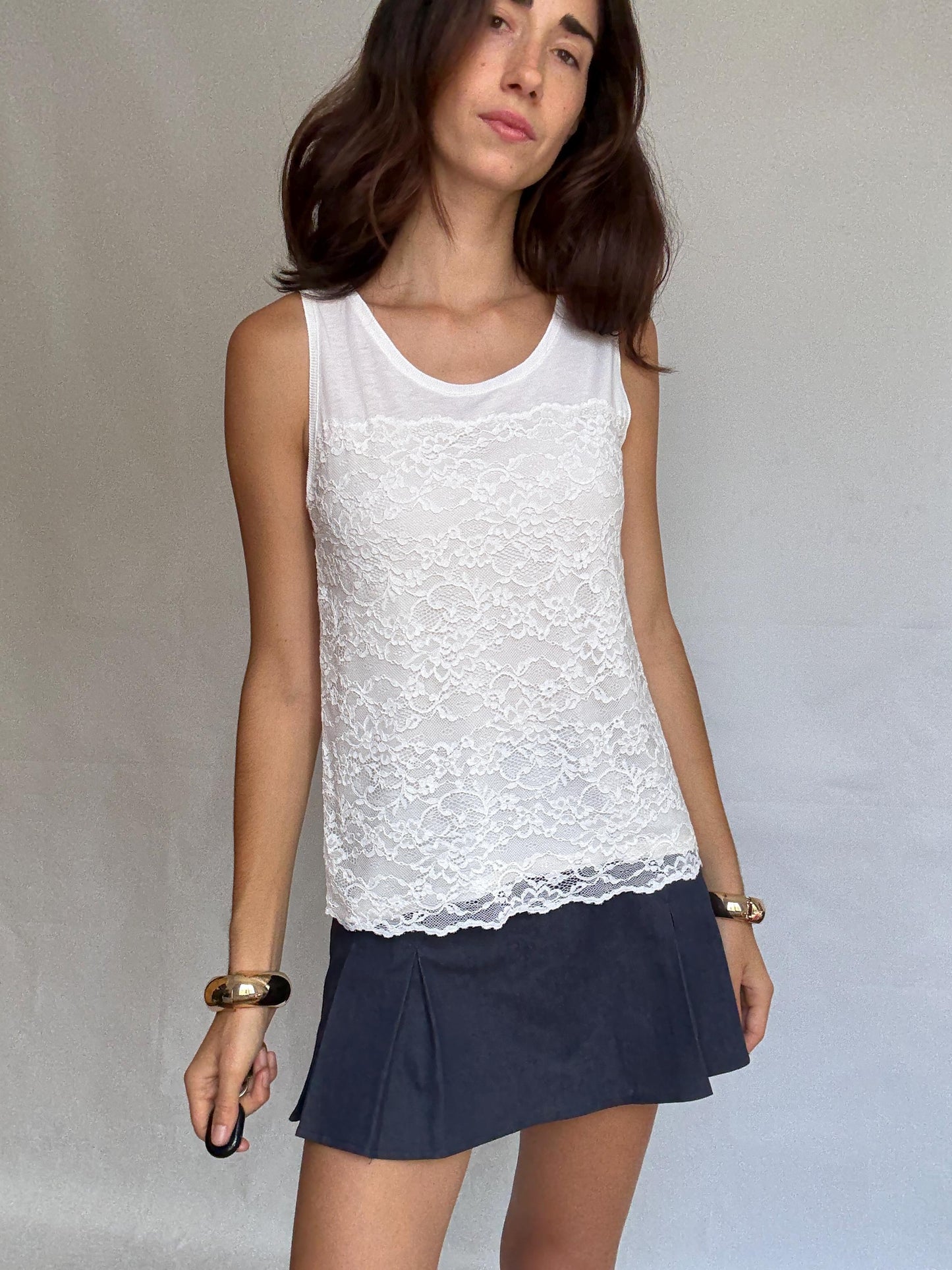 Massimo Dutti white sleeveless top, cotton feel, relaxed fit, lace overlay front, minimalist chic, US L, casual daytime wear, size M