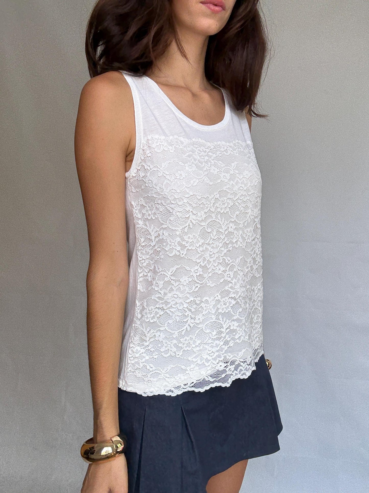Massimo Dutti white sleeveless top, cotton feel, relaxed fit, lace overlay front, minimalist chic, US L, casual daytime wear, size M