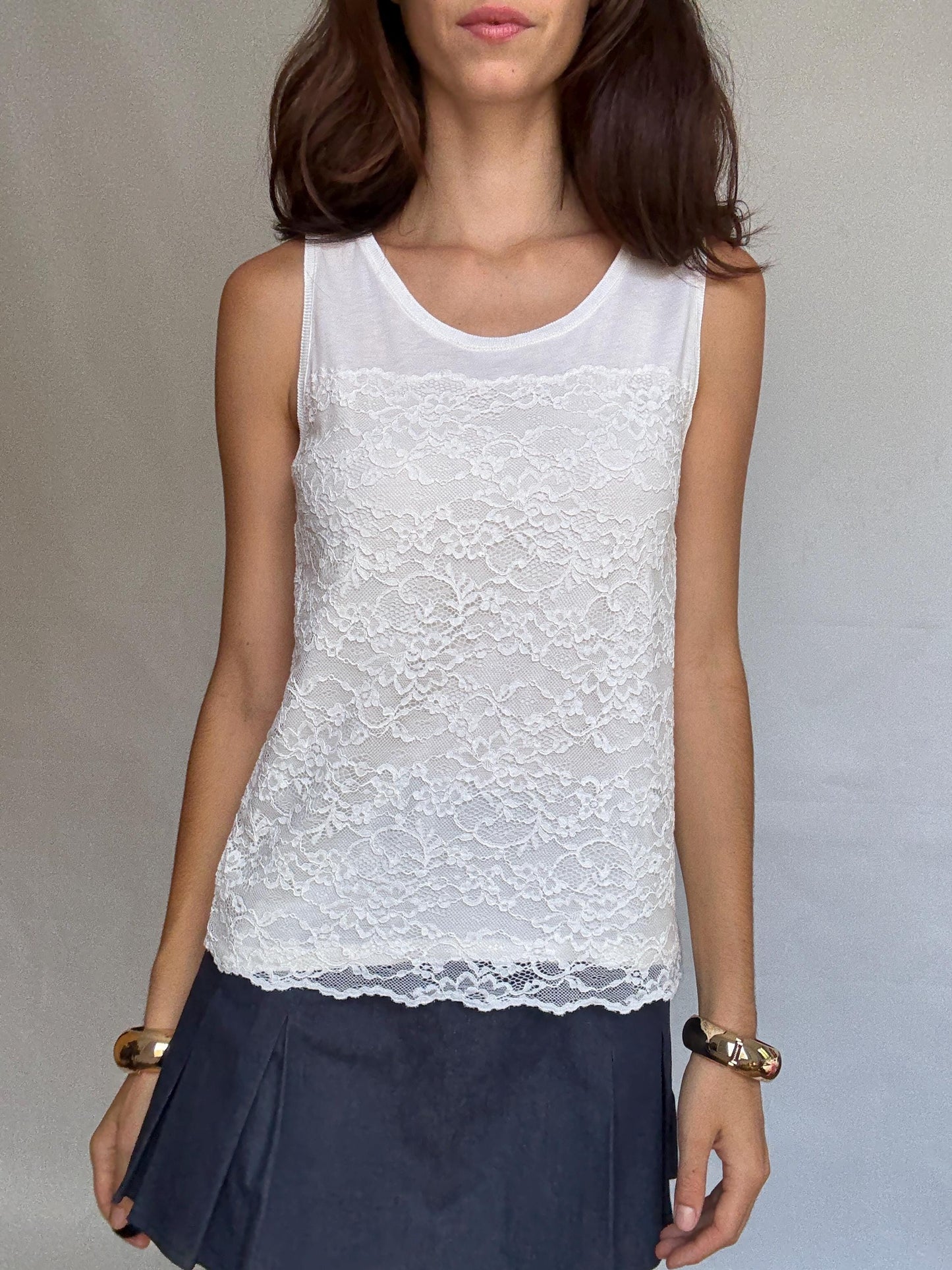 Massimo Dutti white sleeveless top, cotton feel, relaxed fit, lace overlay front, minimalist chic, US L, casual daytime wear, size M