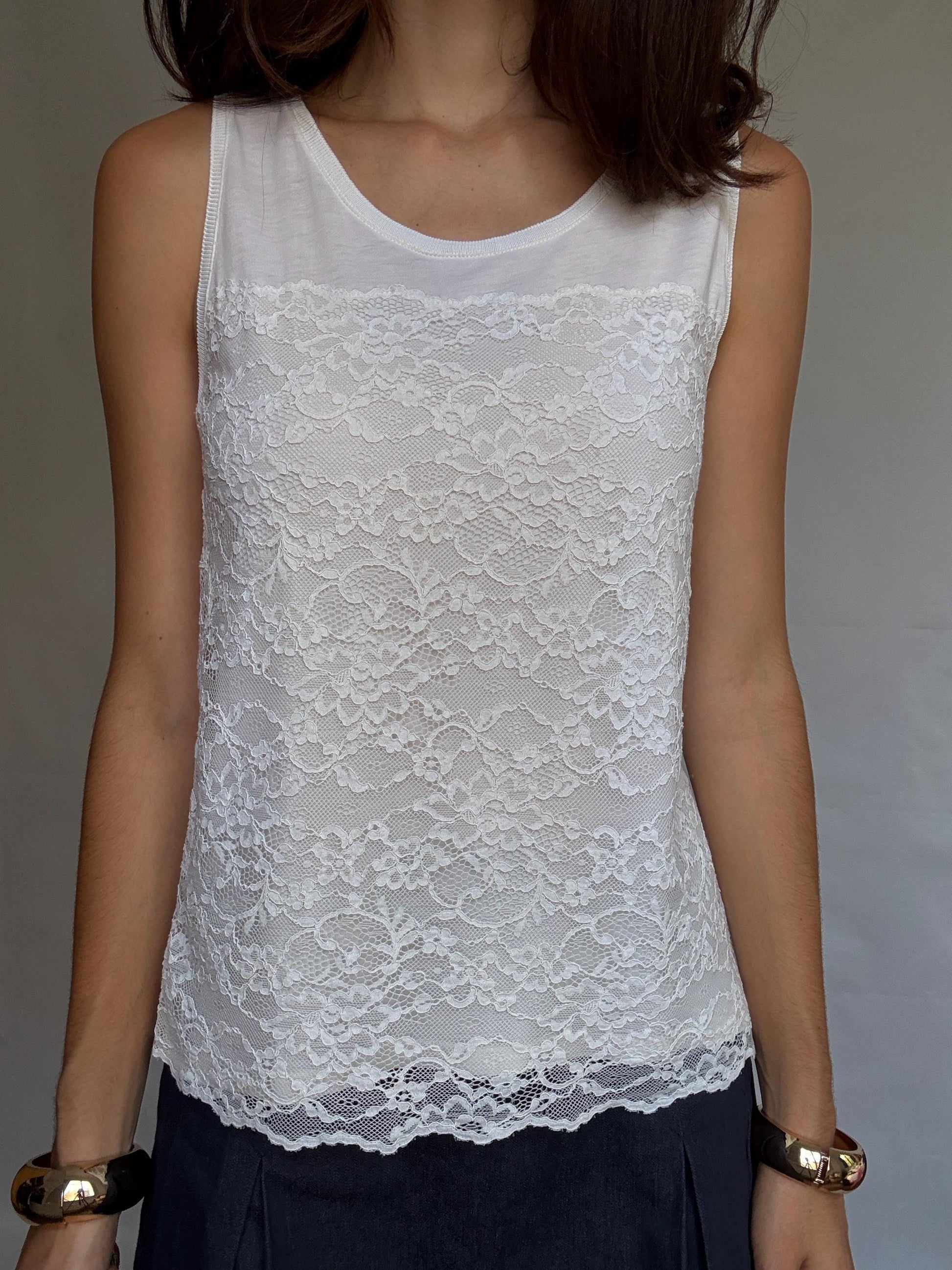 Massimo Dutti white sleeveless top, cotton feel, relaxed fit, lace overlay front, minimalist chic, US L, casual daytime wear, size M