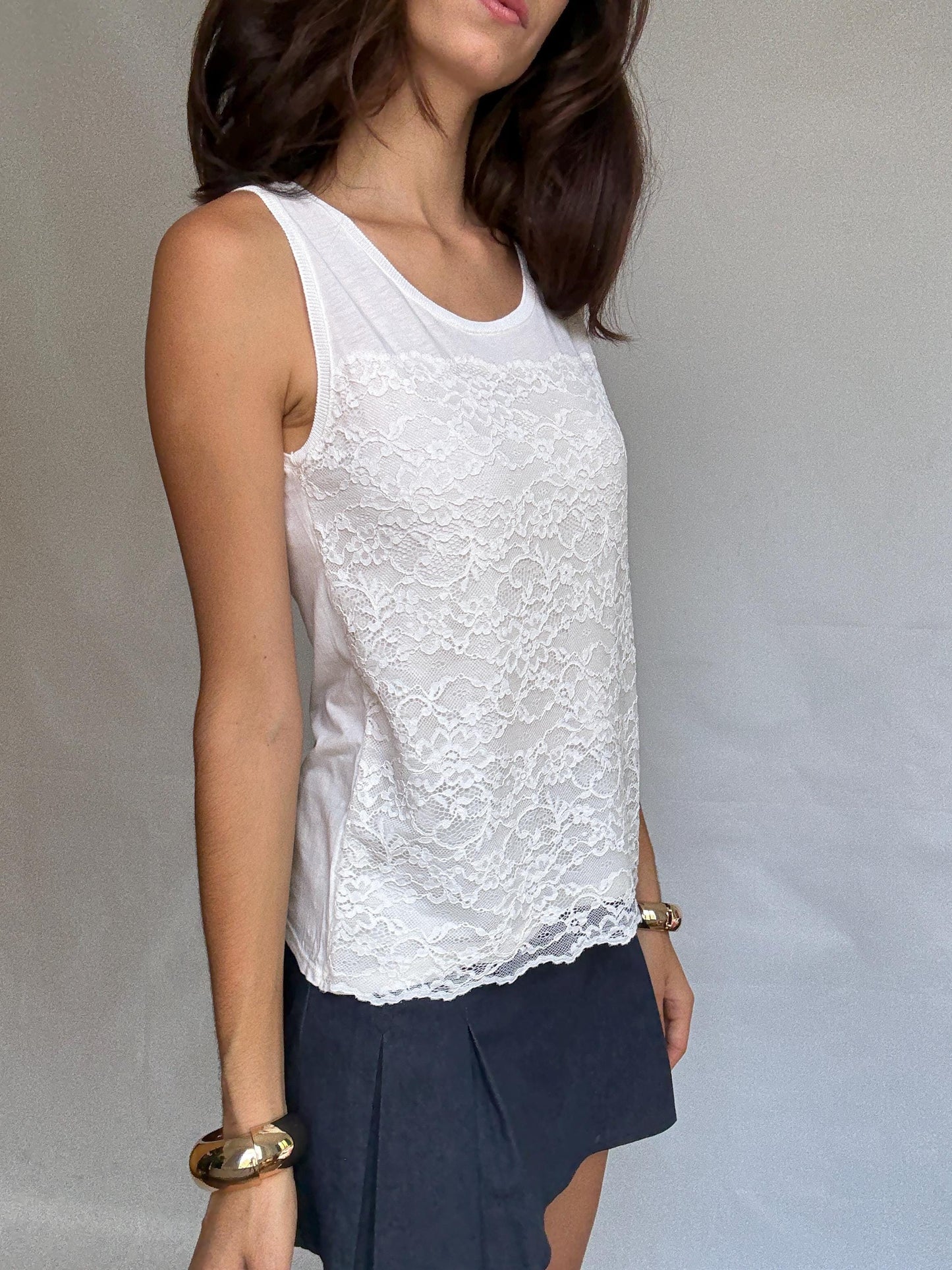 Massimo Dutti white sleeveless top, cotton feel, relaxed fit, lace overlay front, minimalist chic, US L, casual daytime wear, size M