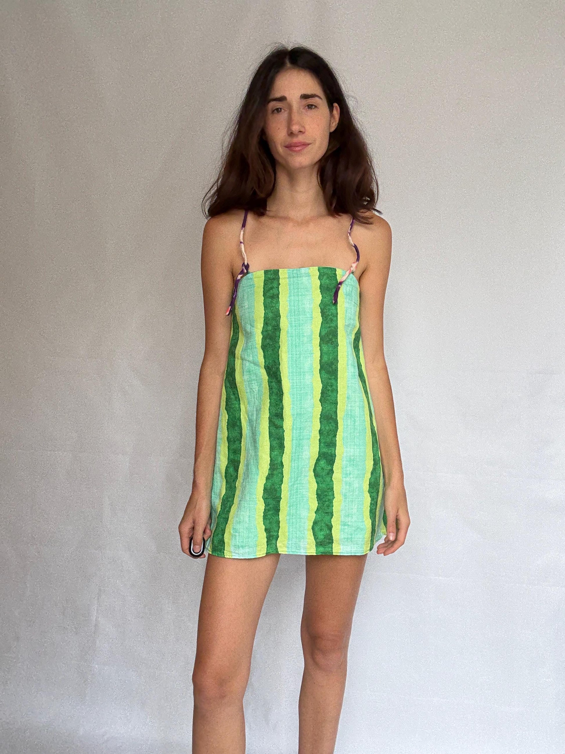 Colorful halter romper, cotton feel, relaxed fit, back zipper, watercolor stripe, retro 90s Ashley Tisdale, US S, beach casual wear