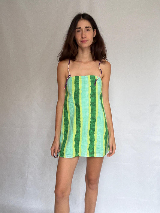 Colorful halter romper, cotton feel, relaxed fit, back zipper, watercolor stripe, retro 90s Ashley Tisdale, US S, beach casual wear