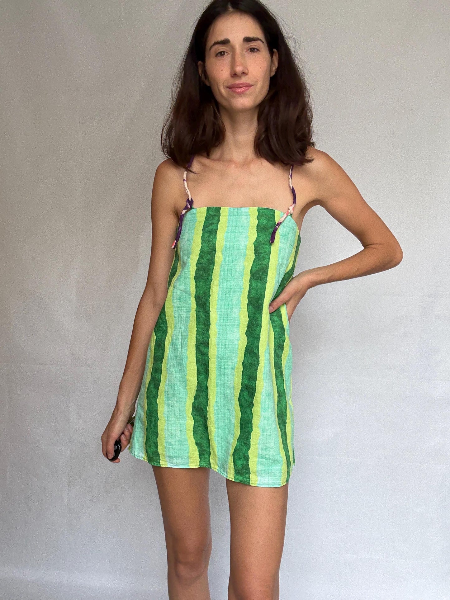 Colorful halter romper, cotton feel, relaxed fit, back zipper, watercolor stripe, retro 90s Ashley Tisdale, US S, beach casual wear