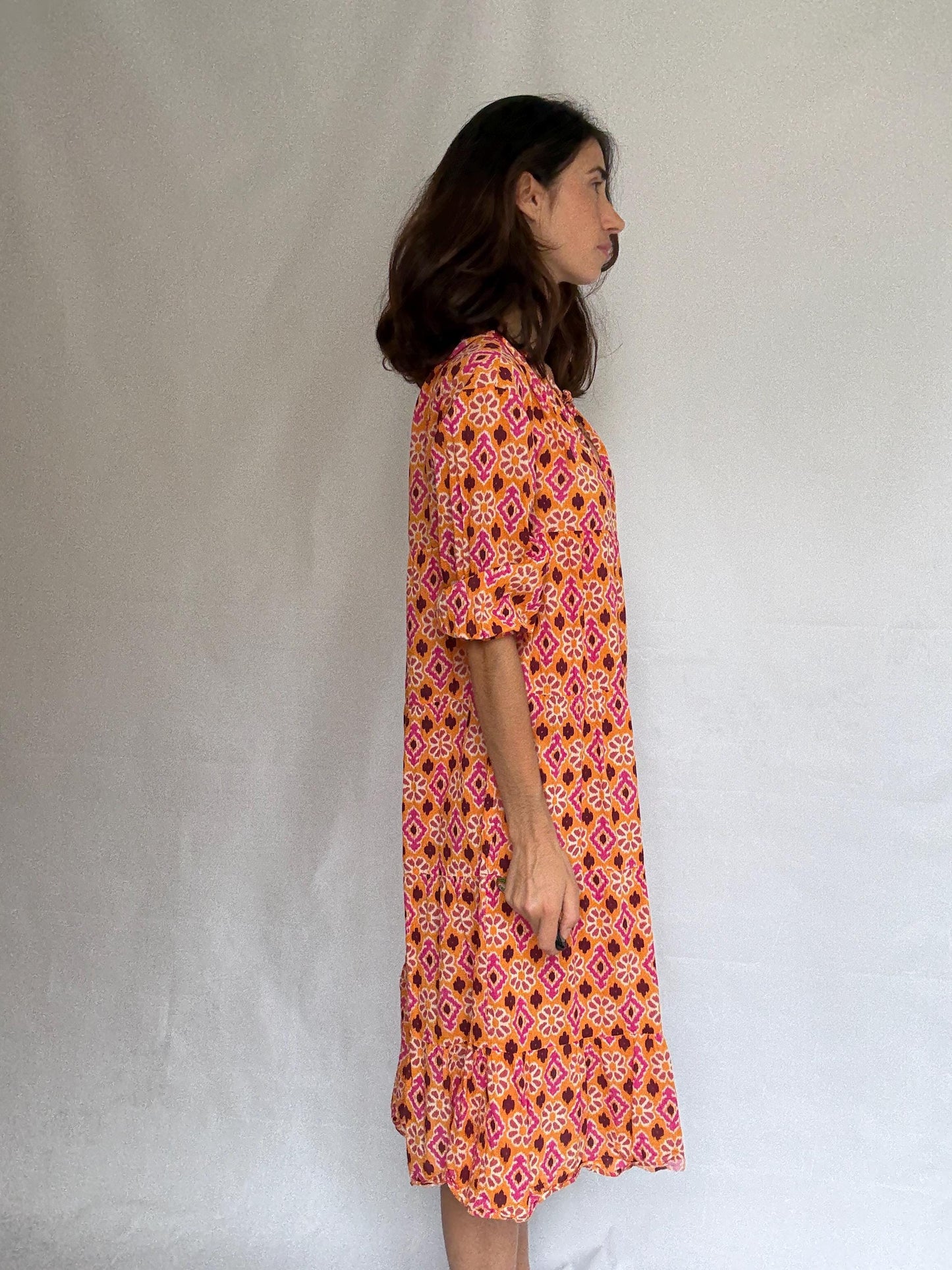 Vintage orange floral geometric dress, 100% cotton, relaxed fit, v, neck with tie detail, tiered design, bohemian casual, US XL