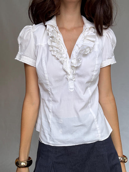 Vintage Ruffle Front White Blouse — detail