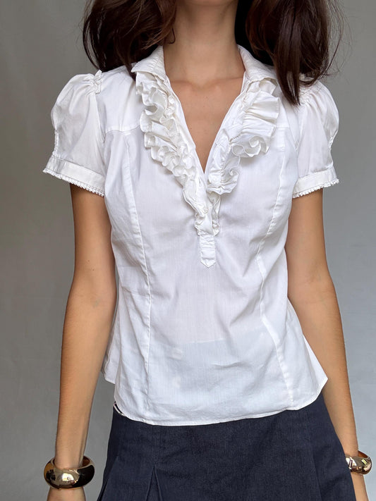 Vintage white blouse, cotton blend, fitted style, ruffle front, elegant romantic, US M, versatile day to evening