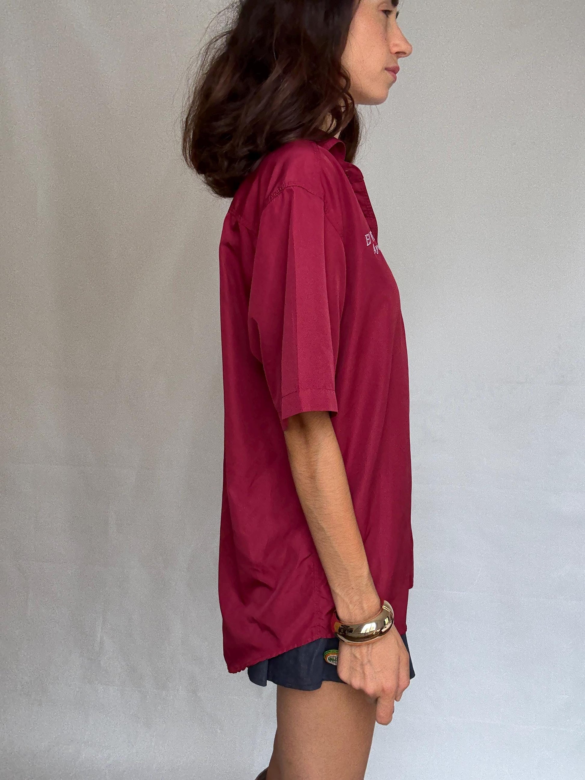 Full Gold maroon short sleeve shirt, 100% silk, relaxed fit, embroidered text and design, casual streetwear vibe, US L men, everyday cool