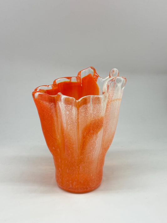 Vintage orange wavy glass vase, hand, blown, freeform design, textured frosted surface, vibrant artisanal piece, home decor accent