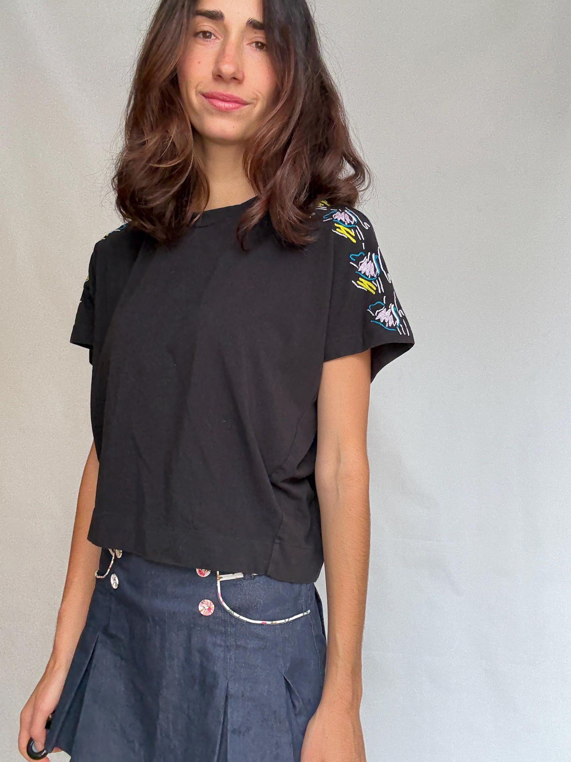Black casual t-shirt, cotton blend, relaxed fit, floral embroidery on shoulders, casual chic, US S, everyday wear