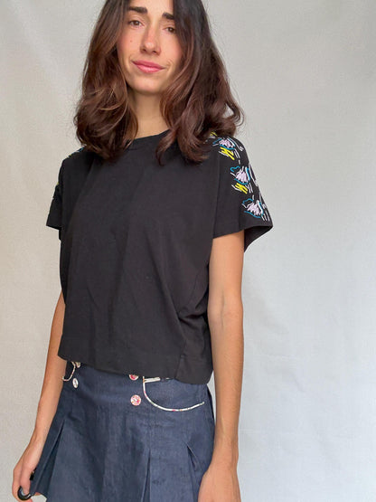 Floral Embroidered Black Cotton Blend T-Shirt — additional view 5