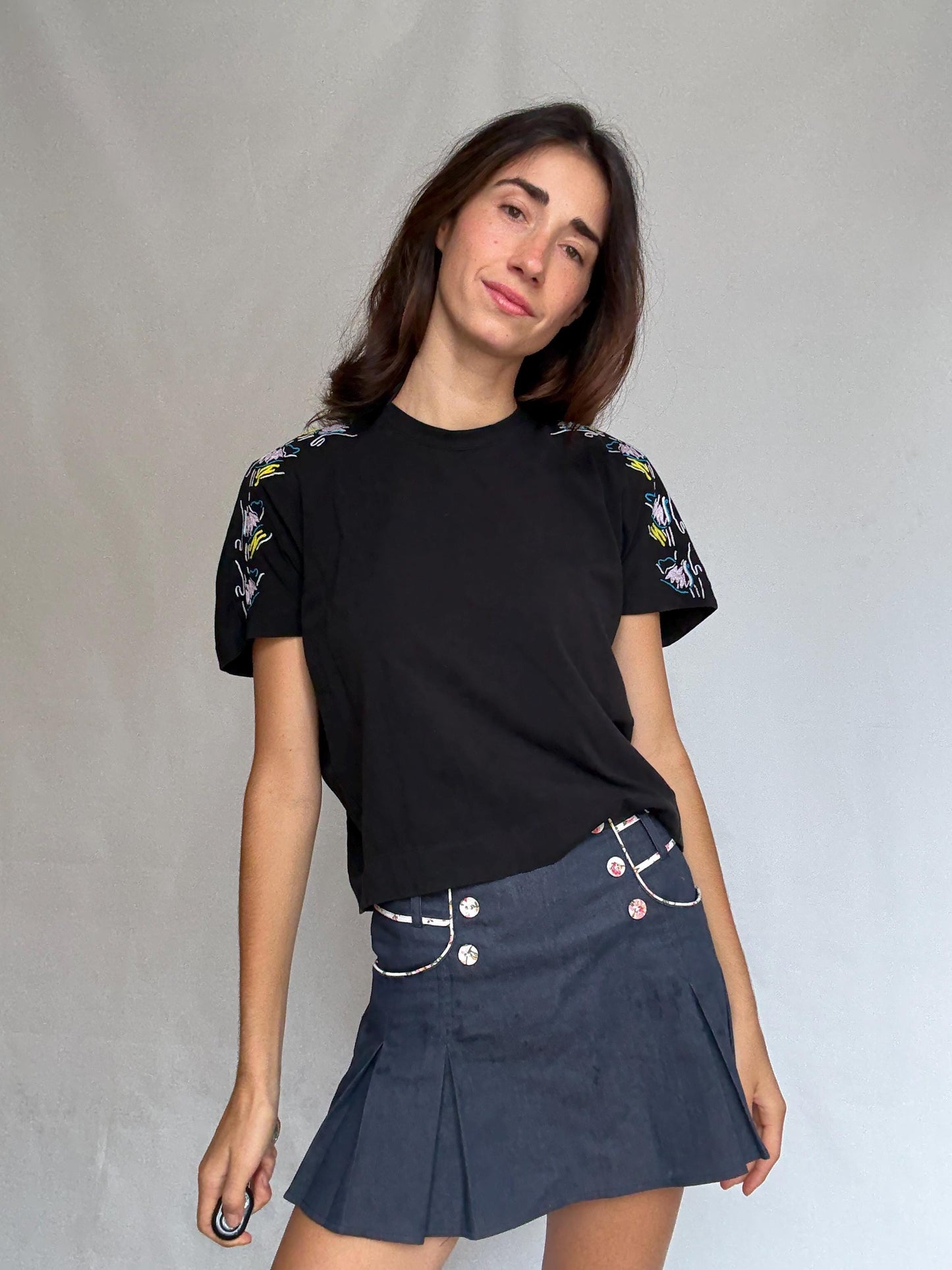 Black casual t-shirt, cotton blend, relaxed fit, floral embroidery on shoulders, casual chic, US S, everyday wear