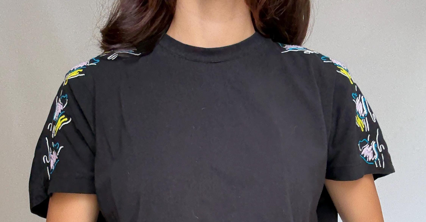 Black casual t-shirt, cotton blend, relaxed fit, floral embroidery on shoulders, casual chic, US S, everyday wear