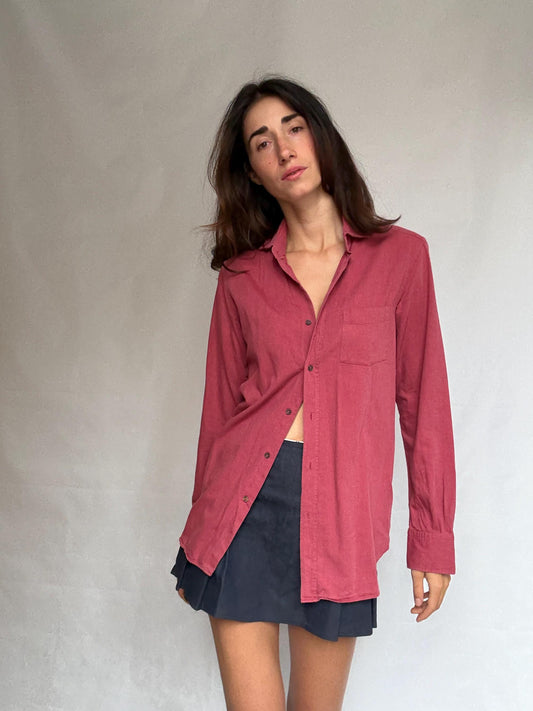 Massimo Dutti reddish, pink button, up blouse, cotton feel, relaxed fit, single chest pocket, minimalist style, US S, office casual