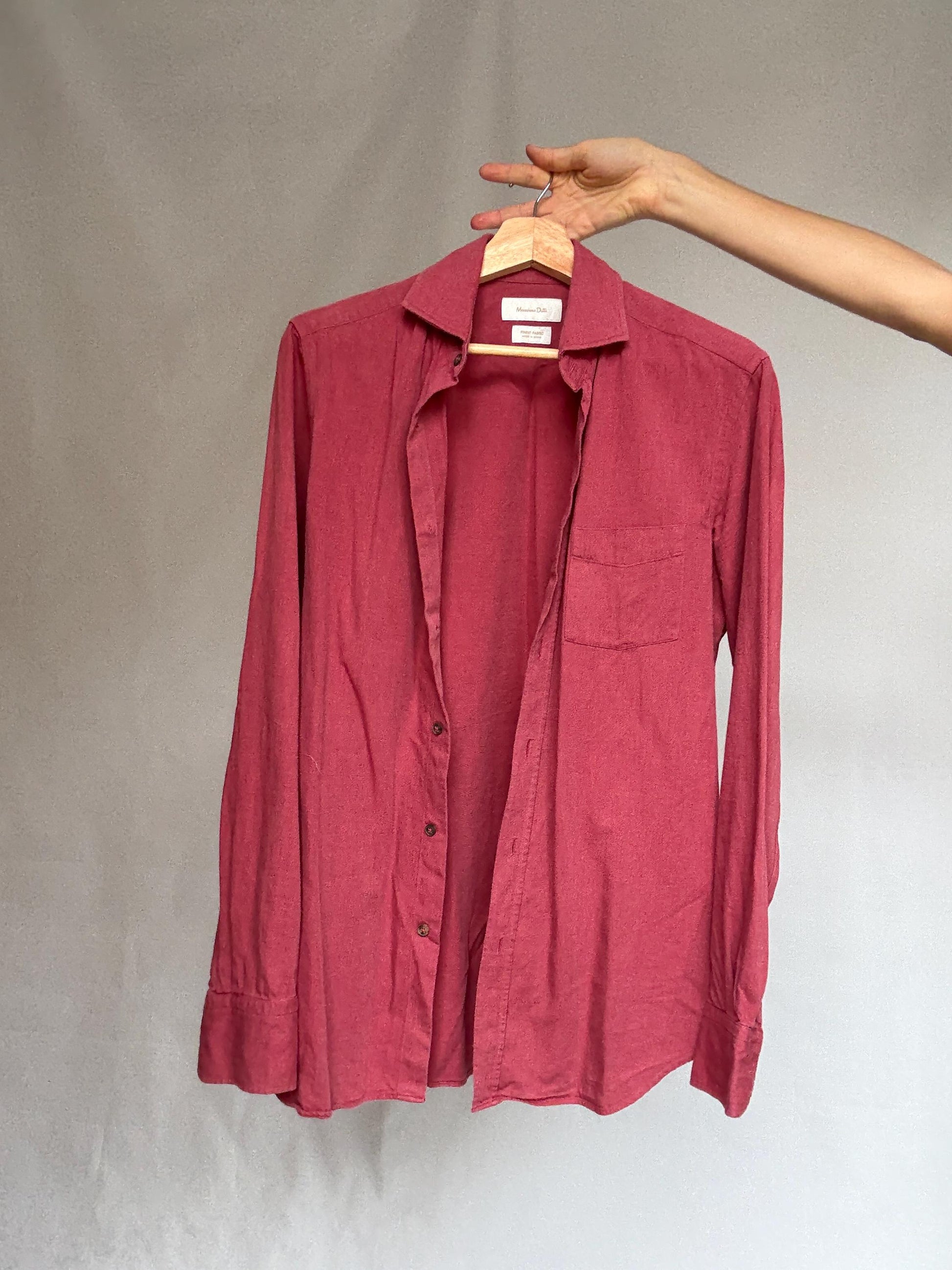 Massimo Dutti reddish, pink button, up blouse, cotton feel, relaxed fit, single chest pocket, minimalist style, US S, office casual