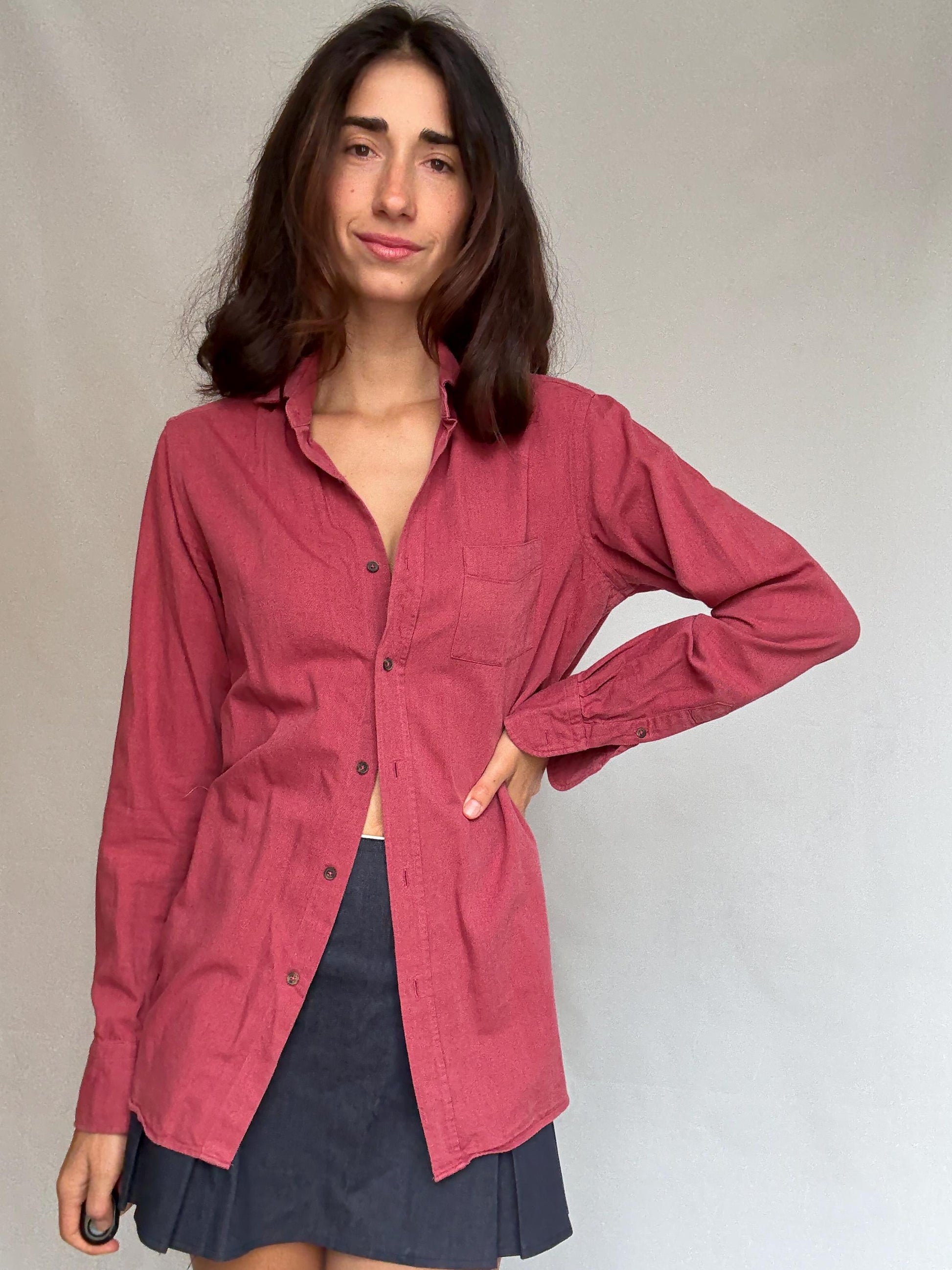 Massimo Dutti reddish, pink button, up blouse, cotton feel, relaxed fit, single chest pocket, minimalist style, US S, office casual
