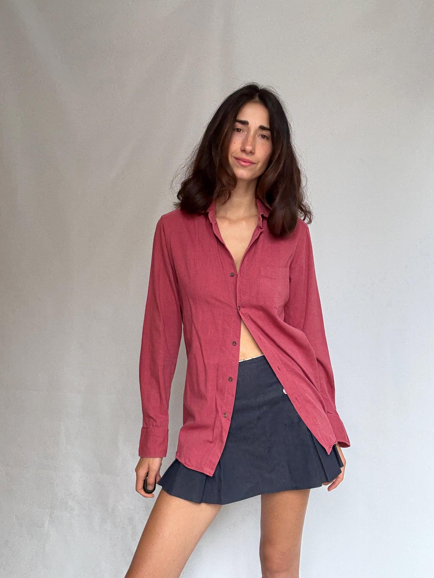 Massimo Dutti reddish, pink button, up blouse, cotton feel, relaxed fit, single chest pocket, minimalist style, US S, office casual