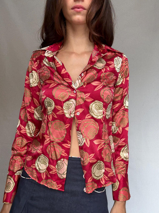 Red floral silk blouse, 100% silk, relaxed fit, button up, classic collar, retro bold style, US M, evening statement piece