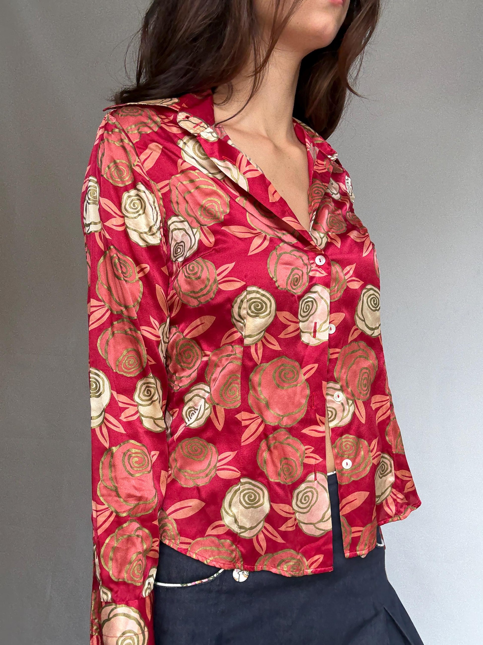 Red floral silk blouse, 100% silk, relaxed fit, button up, classic collar, retro bold style, US M, evening statement piece