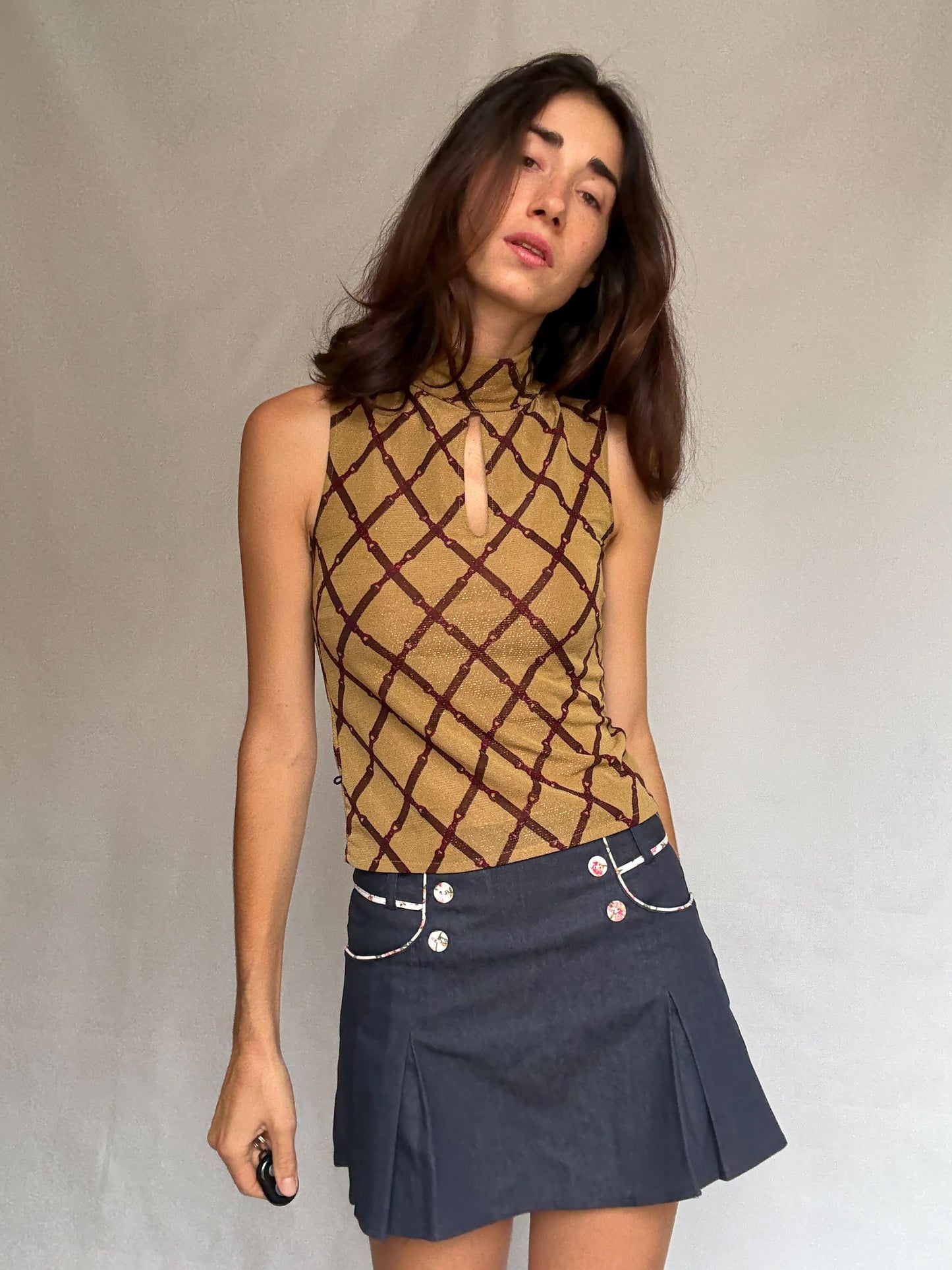 TRB by tru blu tan sleeveless top, cotton feel, high neck, keyhole neckline, grid pattern, retro 90s y2k, US M, streetwear vibe
