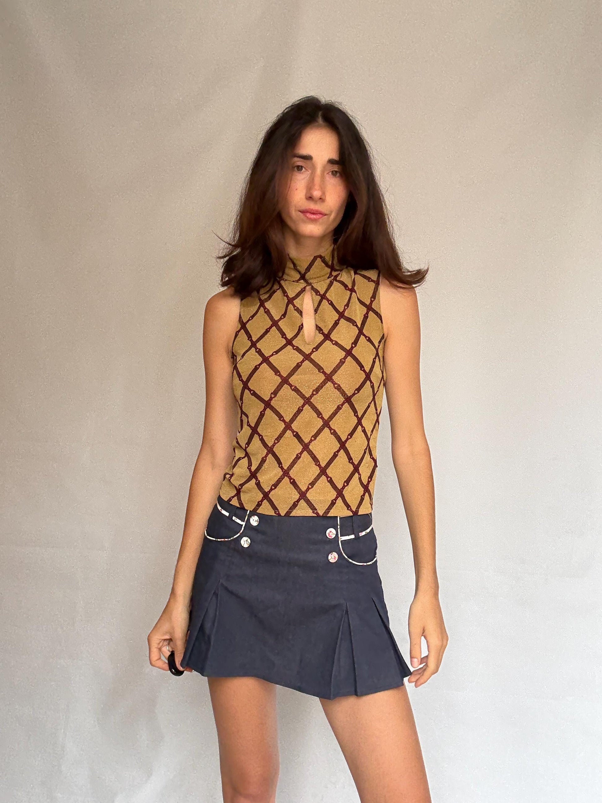 TRB by tru blu tan sleeveless top, cotton feel, high neck, keyhole neckline, grid pattern, retro 90s y2k, US M, streetwear vibe
