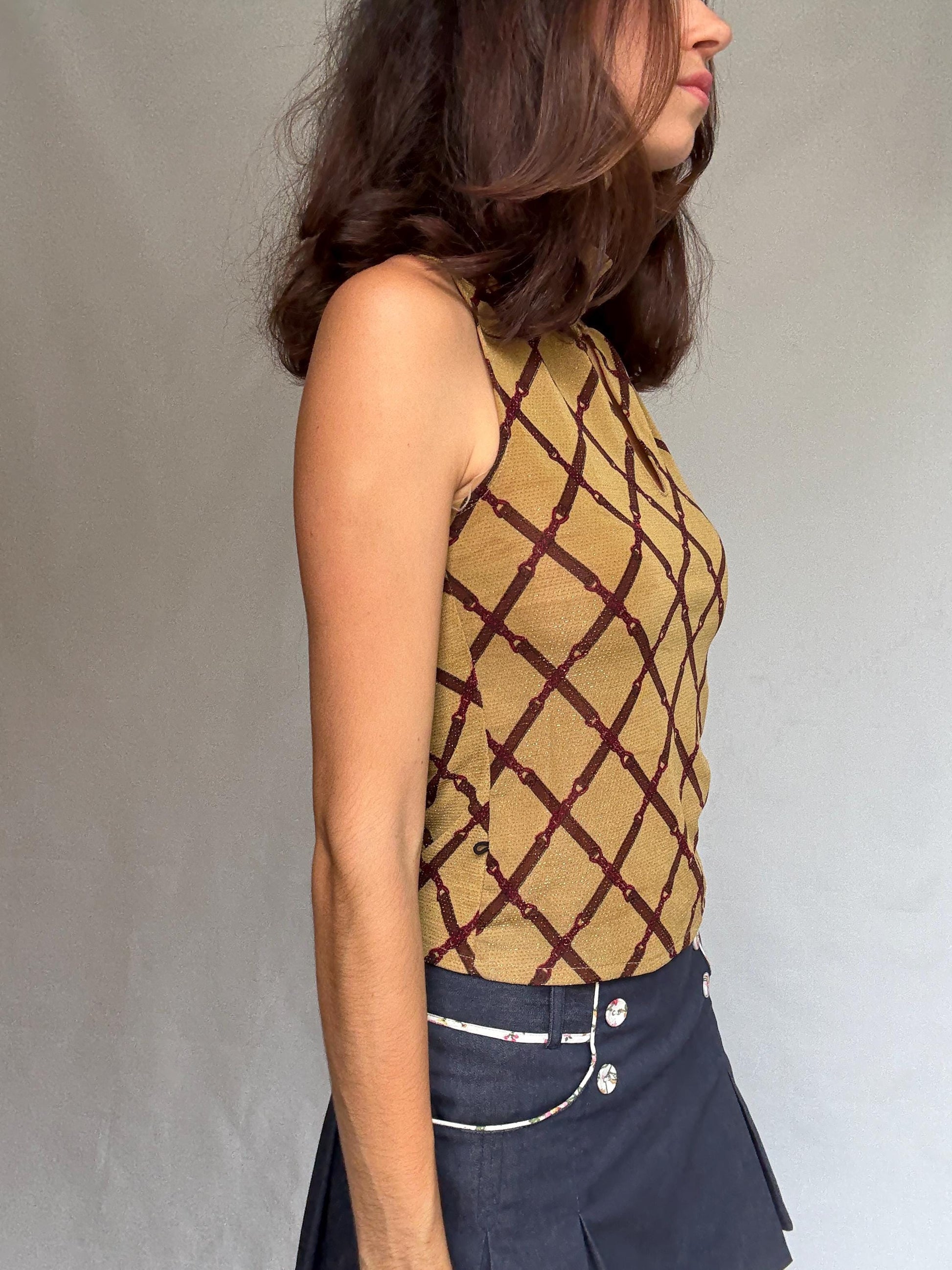 TRB by tru blu tan sleeveless top, cotton feel, high neck, keyhole neckline, grid pattern, retro 90s y2k, US M, streetwear vibe