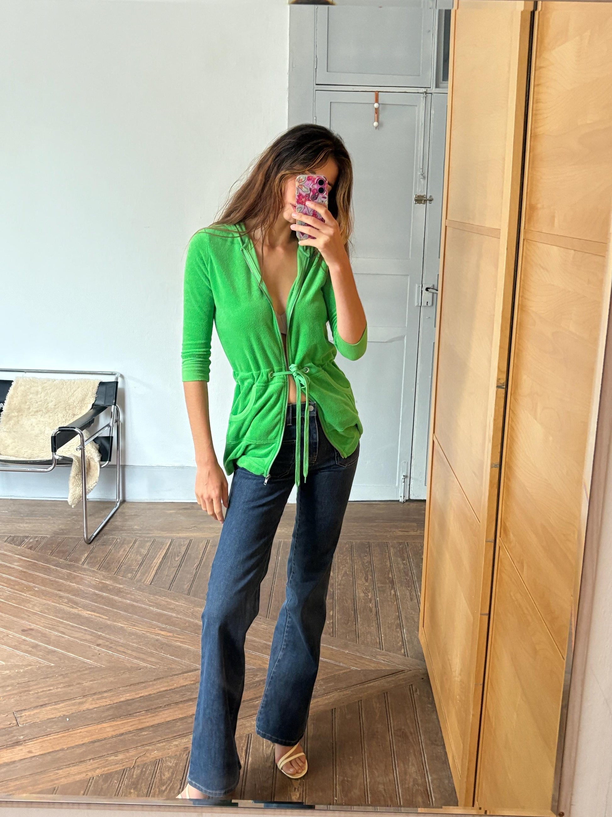 Vintage Y2K neon green terry hoodie cardigan – towel fabric zip-up with pockets, Echo brand, size XS - S, Bold 00s sporty rave aesthetic