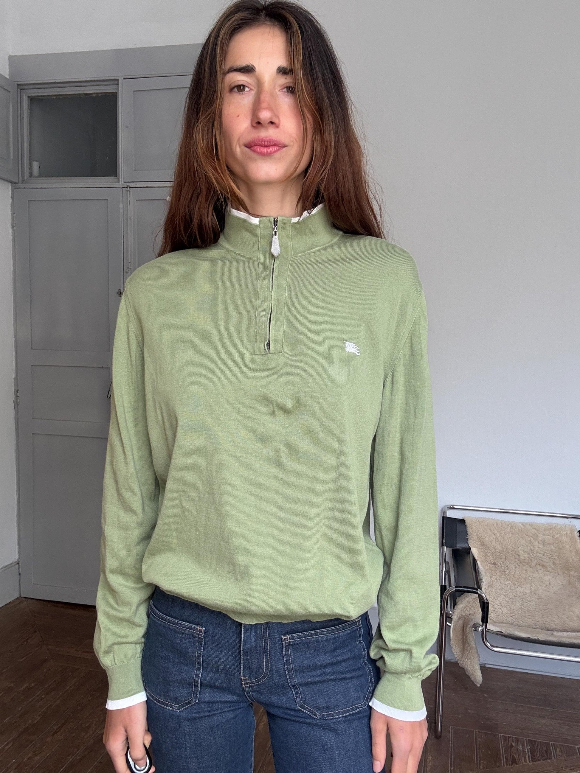 Vintage Burberry London polo jumper – sage green zip collar, tag size 5, 100% cotton, unisex fit, styled on woman, classic Y2K look