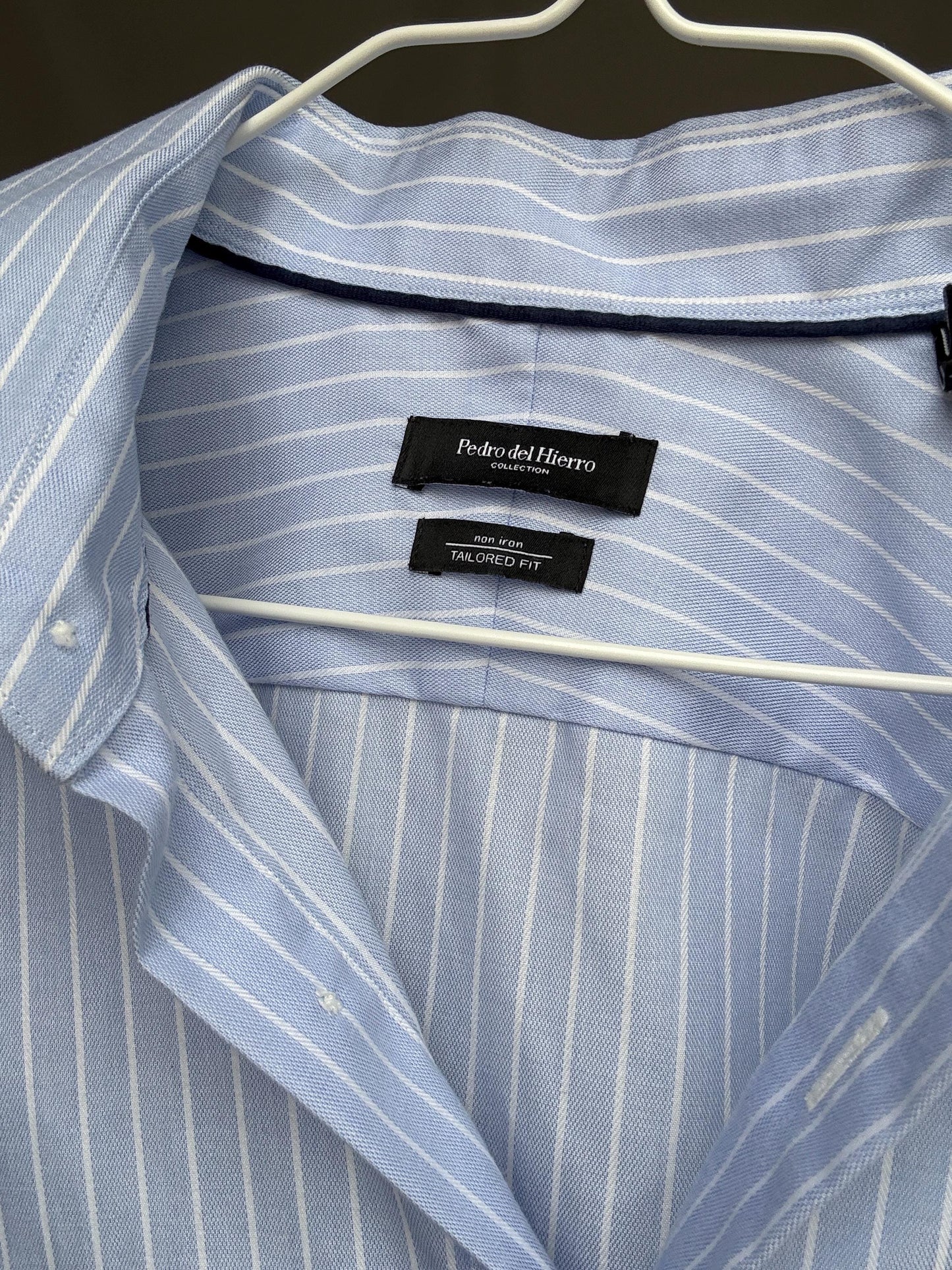 Pedro Del Hierro light blue pinstripe shirt, cotton feel, relaxed fit, buttoned cuffs, vintage 90s, US L, versatile smart wear