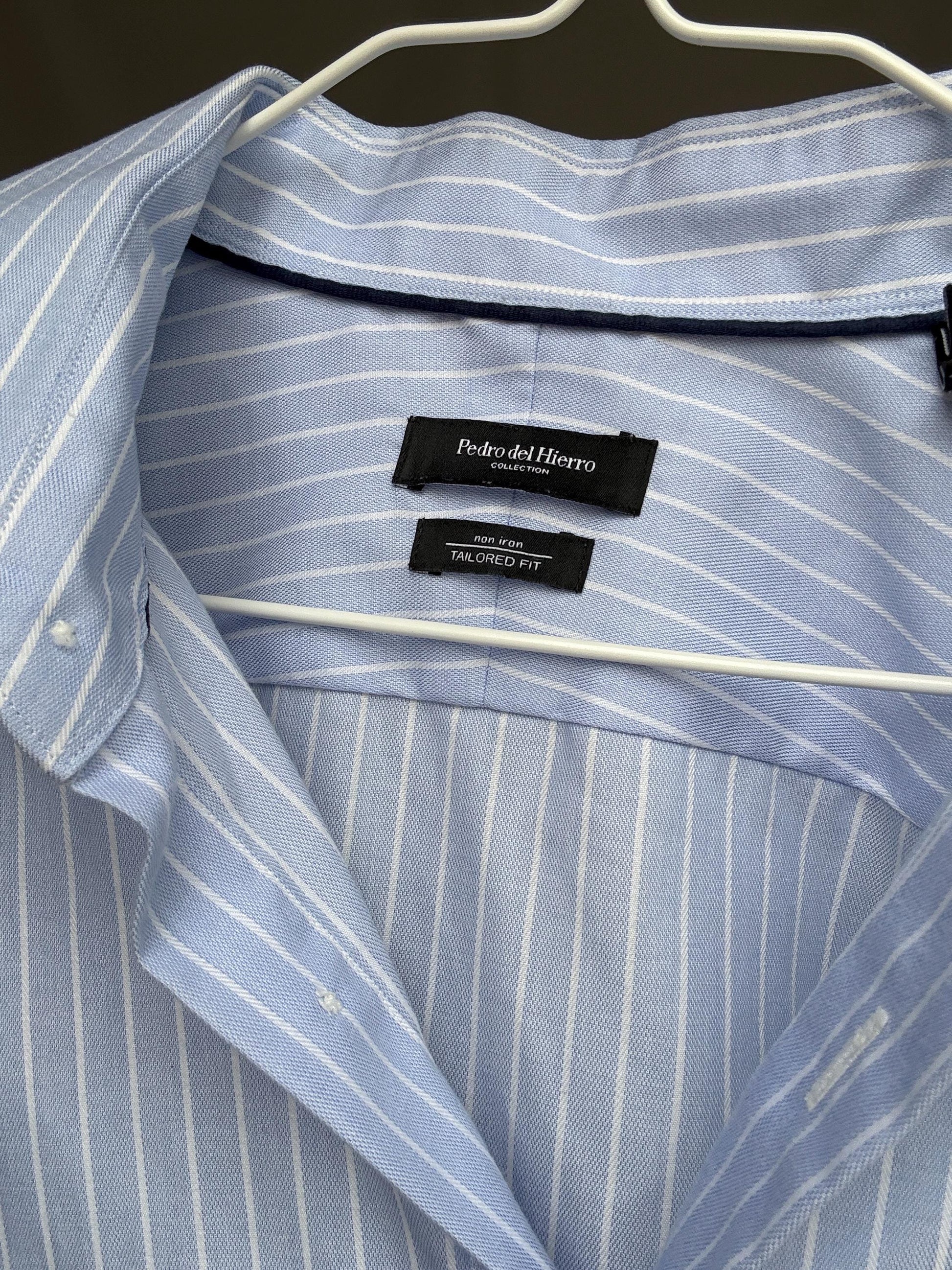 Pedro Del Hierro light blue pinstripe shirt, cotton feel, relaxed fit, buttoned cuffs, vintage 90s, US L, versatile smart wear