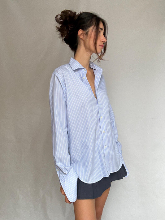Pedro Del Hierro light blue pinstripe shirt, cotton feel, relaxed fit, buttoned cuffs, vintage 90s, US L, versatile smart wear