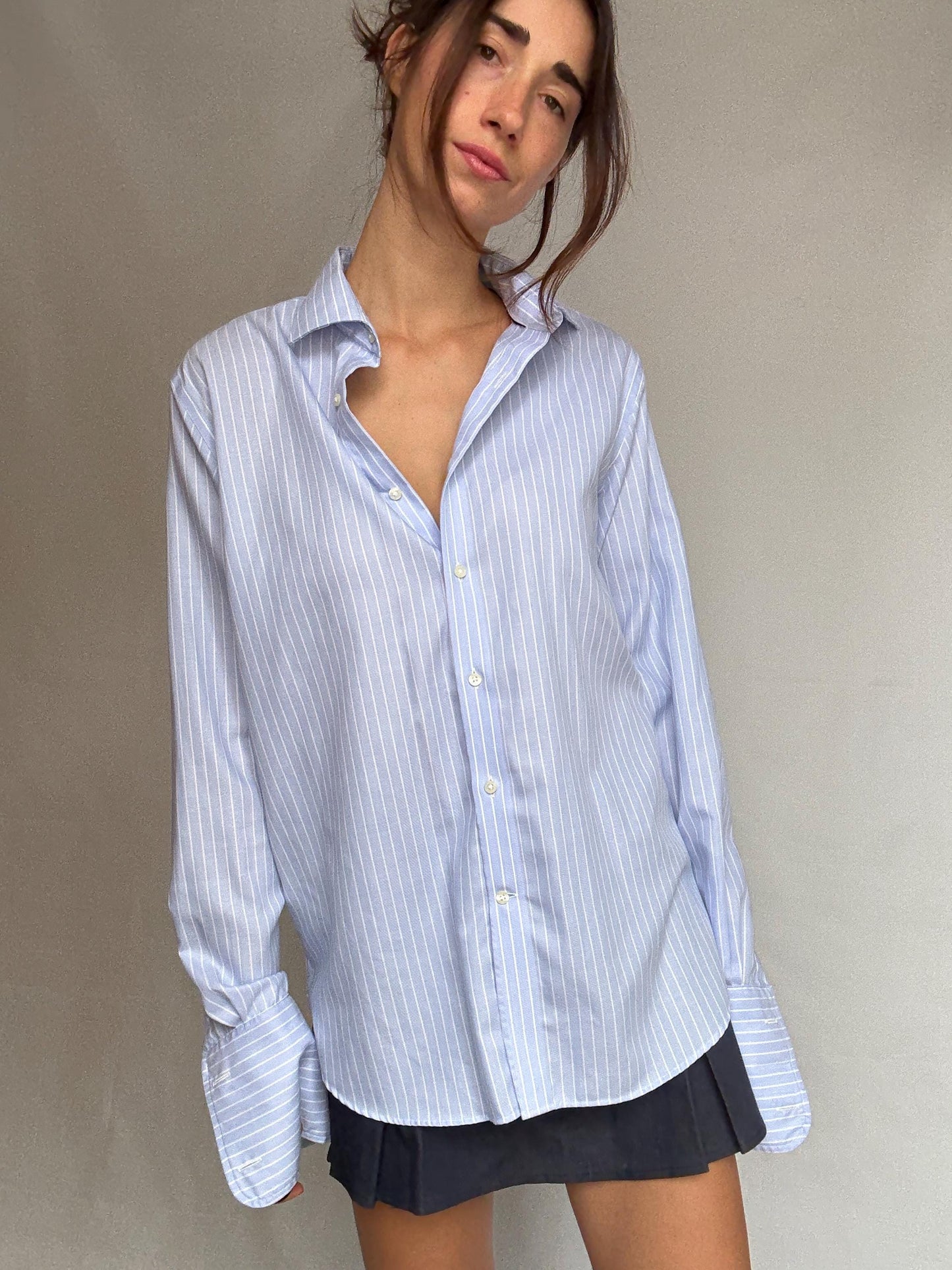 Pedro Del Hierro light blue pinstripe shirt, cotton feel, relaxed fit, buttoned cuffs, vintage 90s, US L, versatile smart wear
