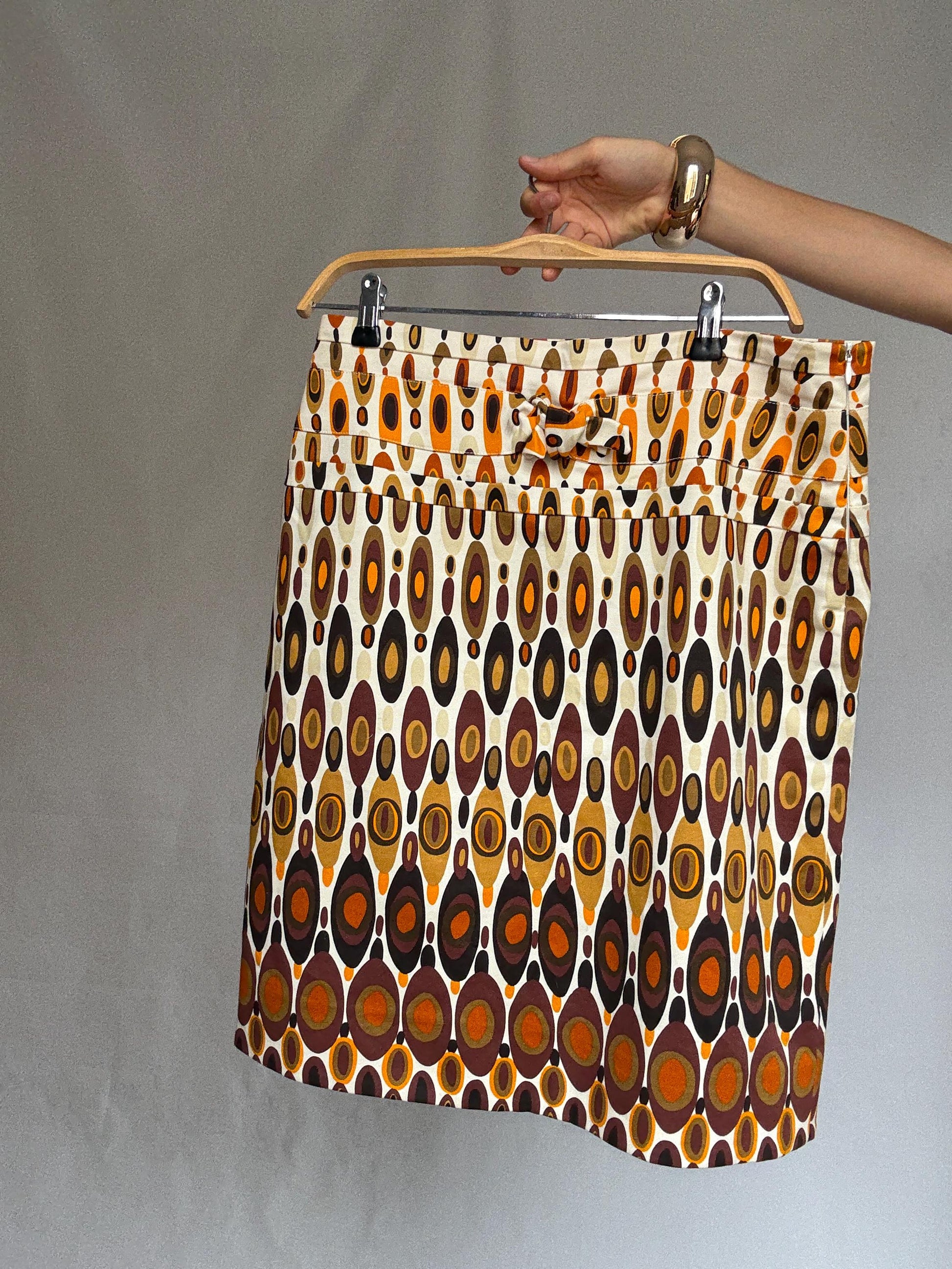 Pedro del Hierro geometric skirt, cotton blend, fitted waist, vibrant pattern, retro 70s vibe, US L, casual streetwear