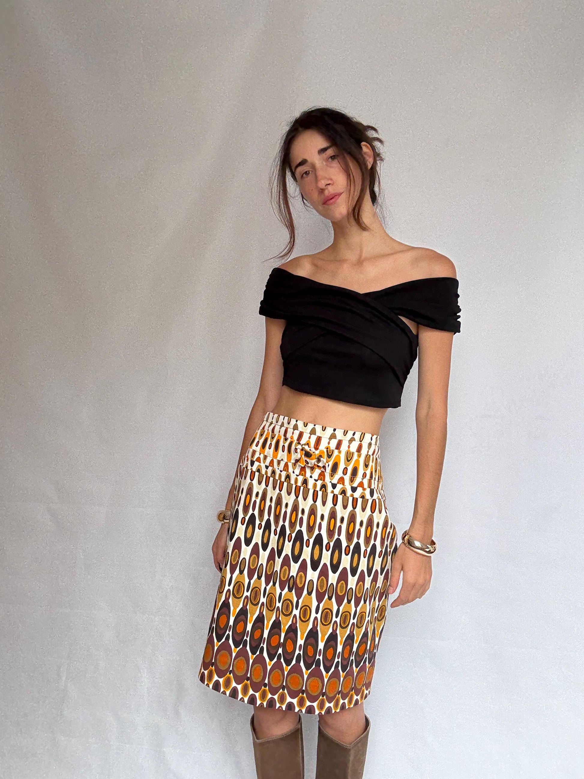 Pedro del Hierro geometric skirt, cotton blend, fitted waist, vibrant pattern, retro 70s vibe, US L, casual streetwear