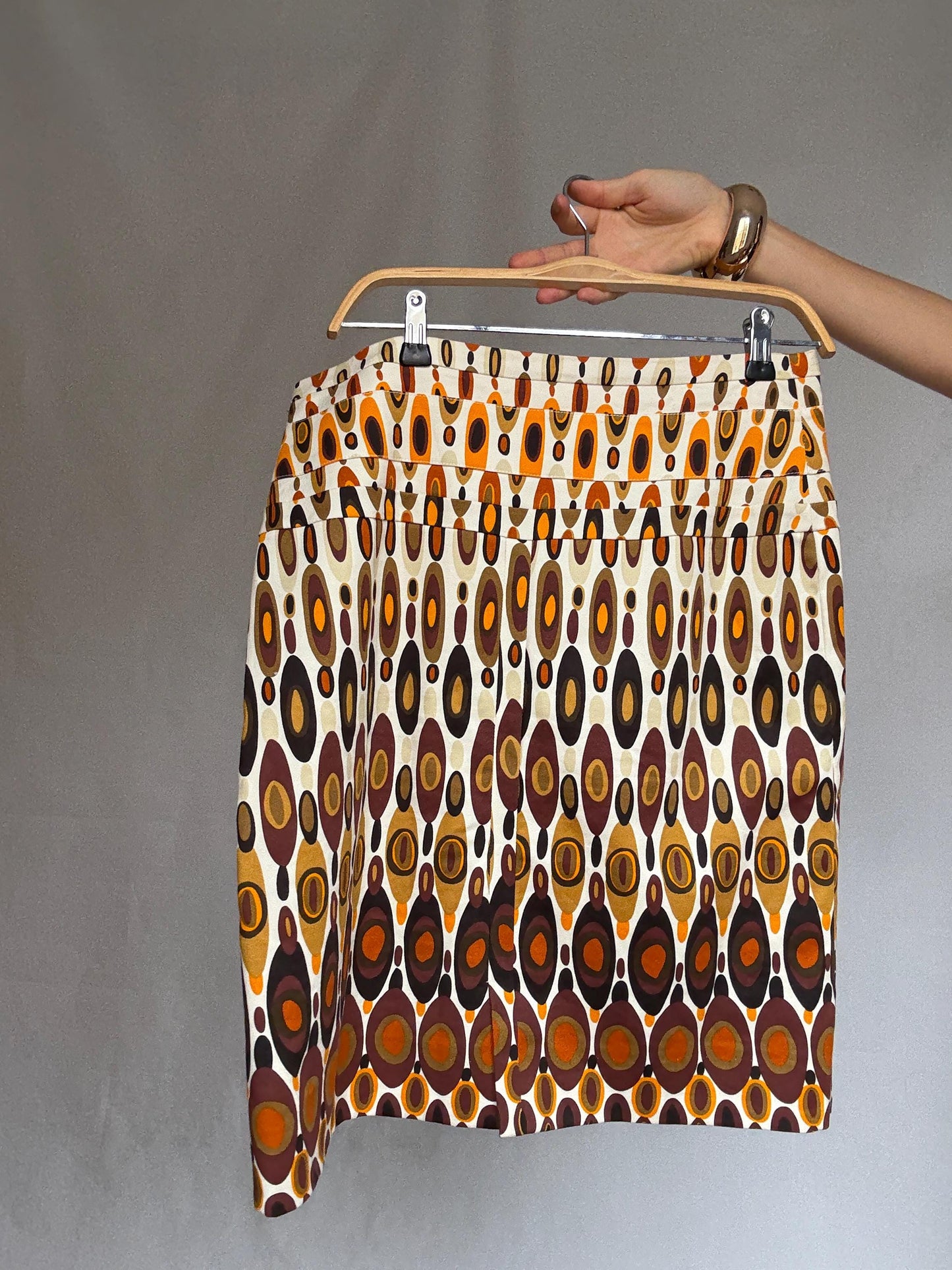 Pedro del Hierro geometric skirt, cotton blend, fitted waist, vibrant pattern, retro 70s vibe, US L, casual streetwear