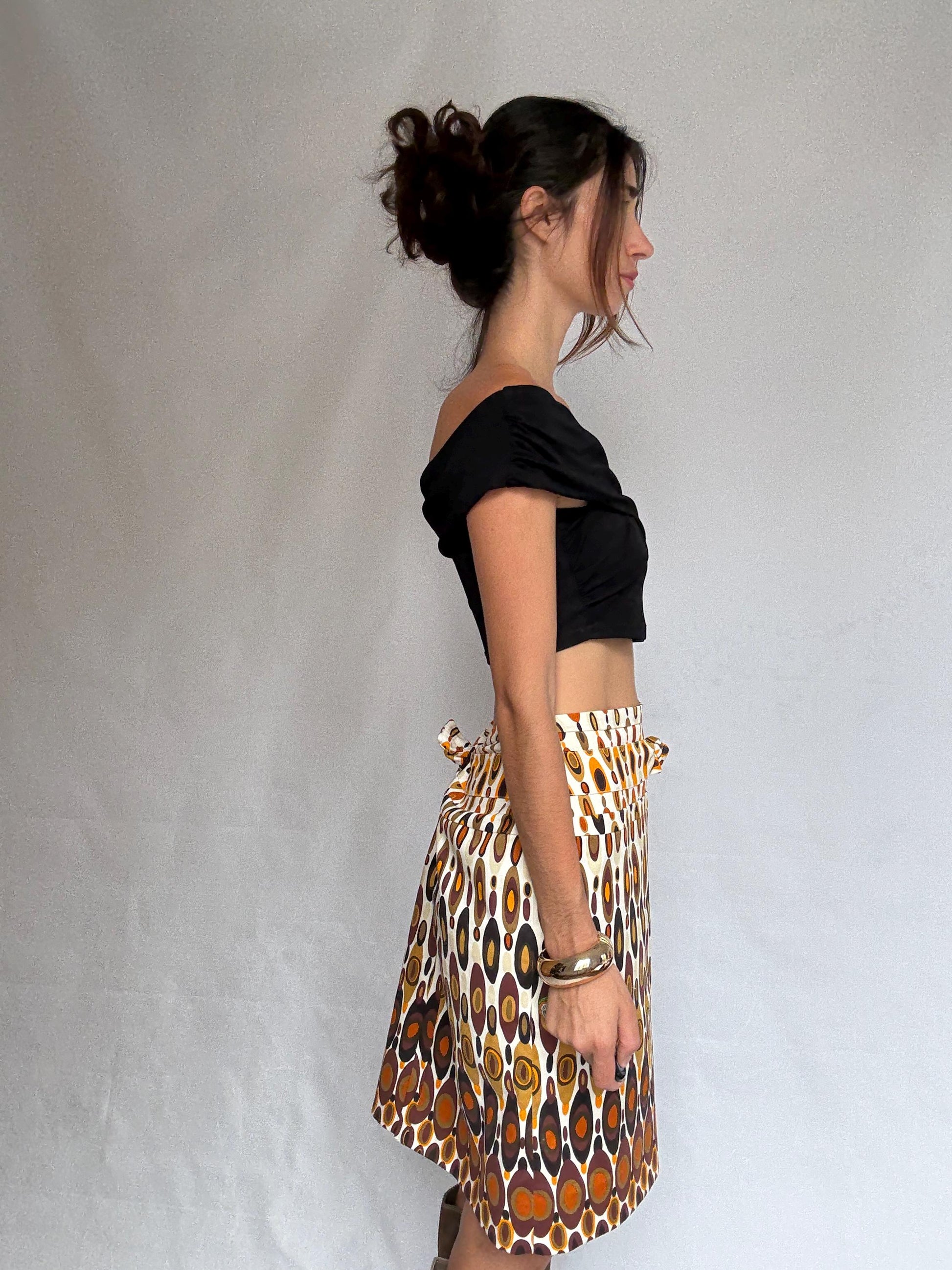 Pedro del Hierro geometric skirt, cotton blend, fitted waist, vibrant pattern, retro 70s vibe, US L, casual streetwear