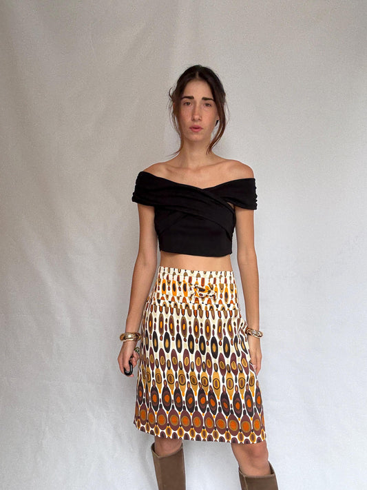 Pedro del Hierro geometric skirt, cotton blend, fitted waist, vibrant pattern, retro 70s vibe, US L, casual streetwear