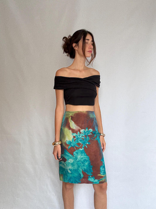 Vintage abstract floral skirt, silky feel, straight cut, colorful print, artistic flair, vintage 90s, US L, evening statement piece