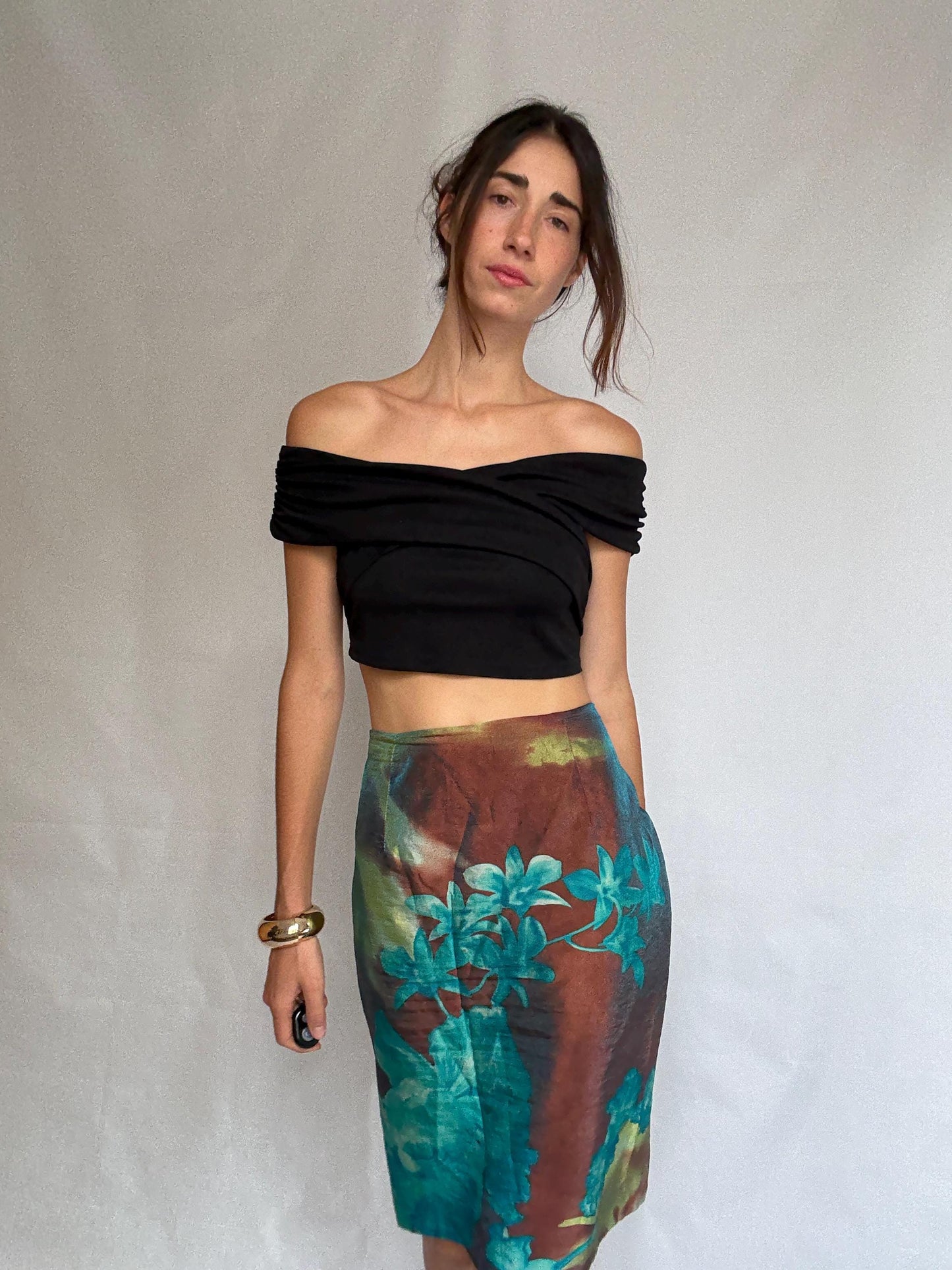 Vintage abstract floral skirt, silky feel, straight cut, colorful print, artistic flair, vintage 90s, US L, evening statement piece