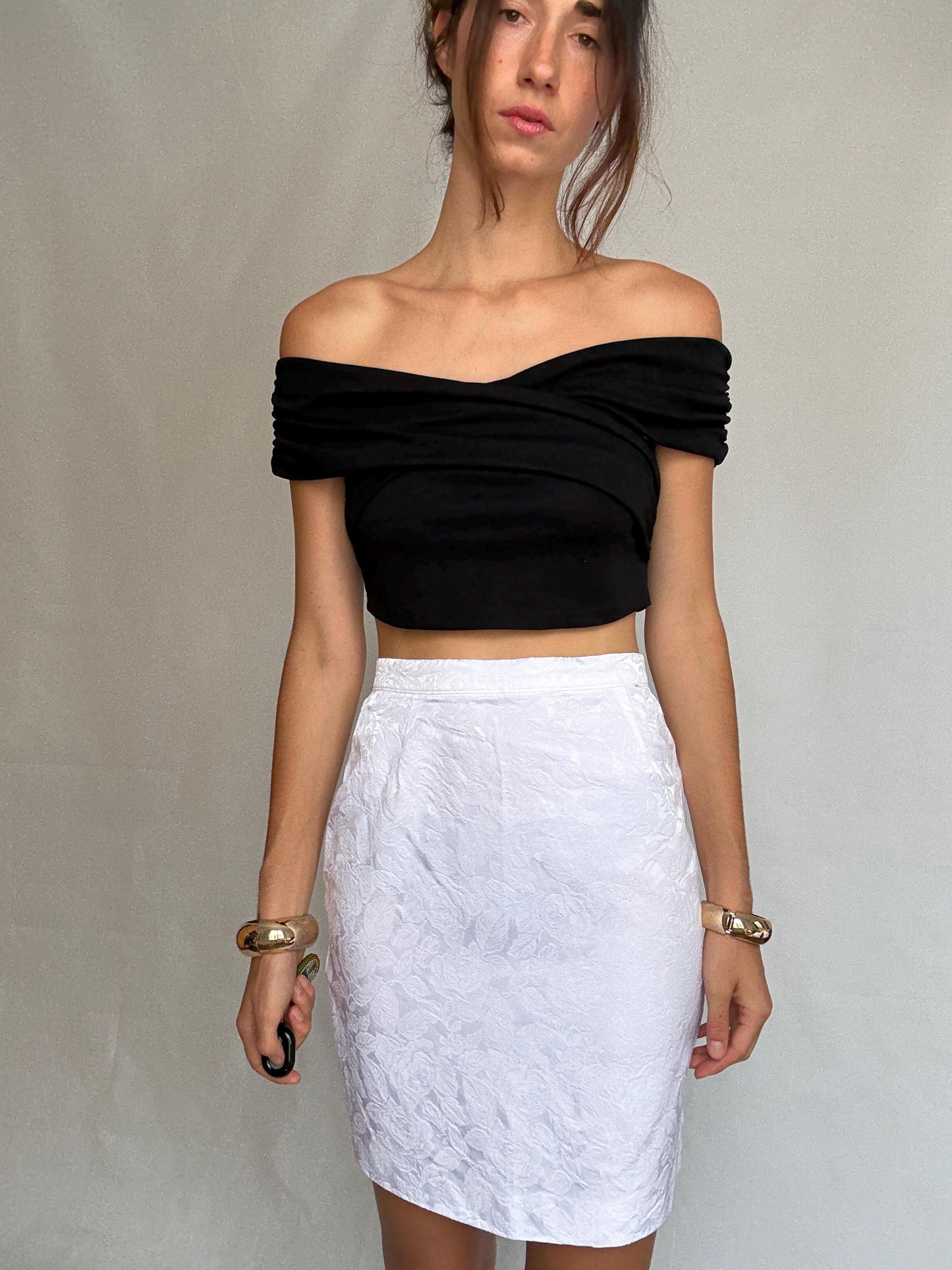 Vintage white floral skirt, cotton viscose blend, straight fit, textured floral pattern, minimalist Rooney Mara style, US M